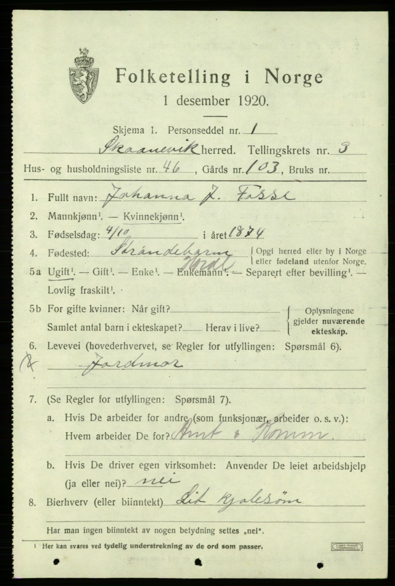SAB, 1920 census for Skånevik, 1920, p. 3291