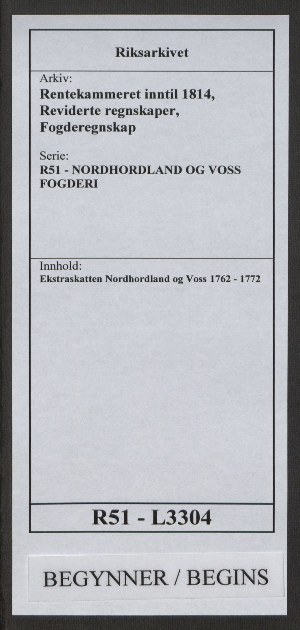 Rentekammeret inntil 1814, Reviderte regnskaper, Fogderegnskap, RA/EA-4092/R51/L3304: Ekstraskatten Nordhordland og Voss, 1762-1772, p. 1