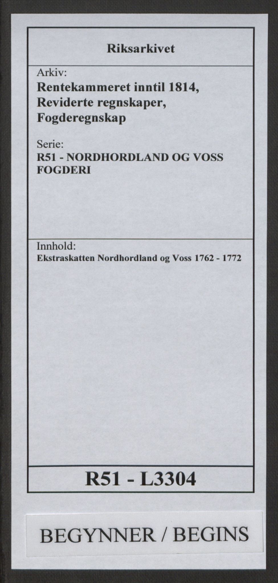 Rentekammeret inntil 1814, Reviderte regnskaper, Fogderegnskap, AV/RA-EA-4092/R51/L3304: Ekstraskatten Nordhordland og Voss, 1762-1772, p. 1