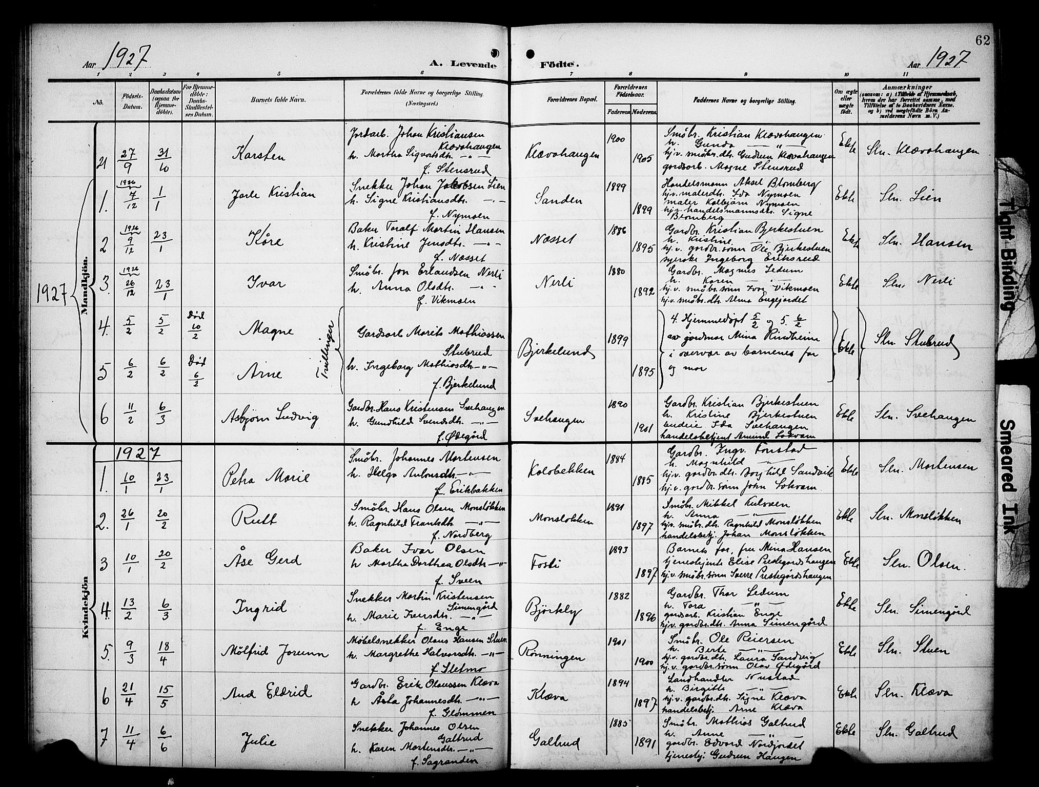 Øyer prestekontor, AV/SAH-PREST-084/H/Ha/Hab/L0006: Parish register (copy) no. 6, 1906-1929, p. 62