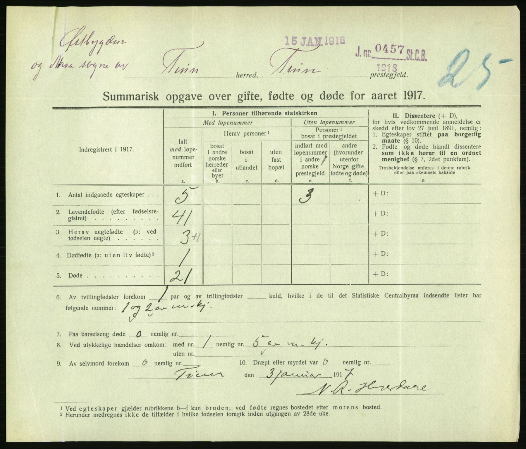 Statistisk sentralbyrå, Sosiodemografiske emner, Befolkning, AV/RA-S-2228/D/Df/Dfb/Dfbg/L0056: Summariske oppgaver over gifte, fødte og døde for hele landet., 1917, p. 555