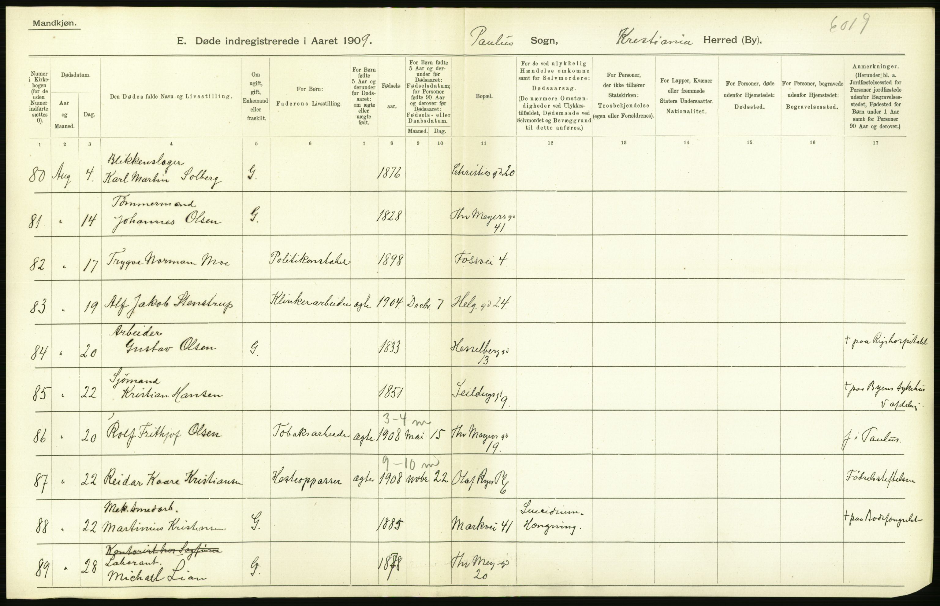 Statistisk sentralbyrå, Sosiodemografiske emner, Befolkning, AV/RA-S-2228/D/Df/Dfa/Dfag/L0010: Kristiania: Døde, dødfødte., 1909, p. 240