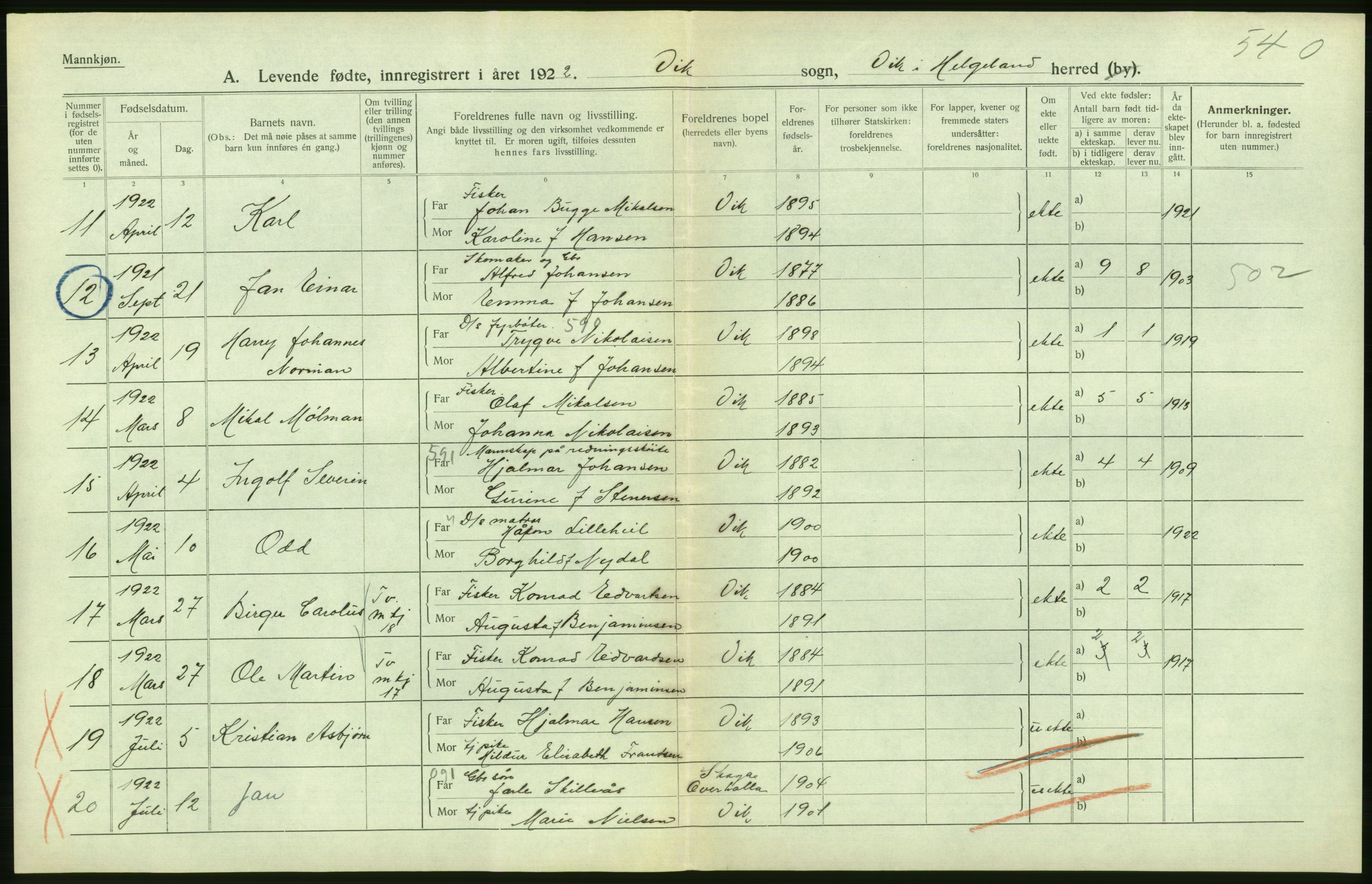 Statistisk sentralbyrå, Sosiodemografiske emner, Befolkning, AV/RA-S-2228/D/Df/Dfc/Dfcb/L0044: Nordland fylke: Levendefødte menn og kvinner. Bygder og byer., 1922, p. 502