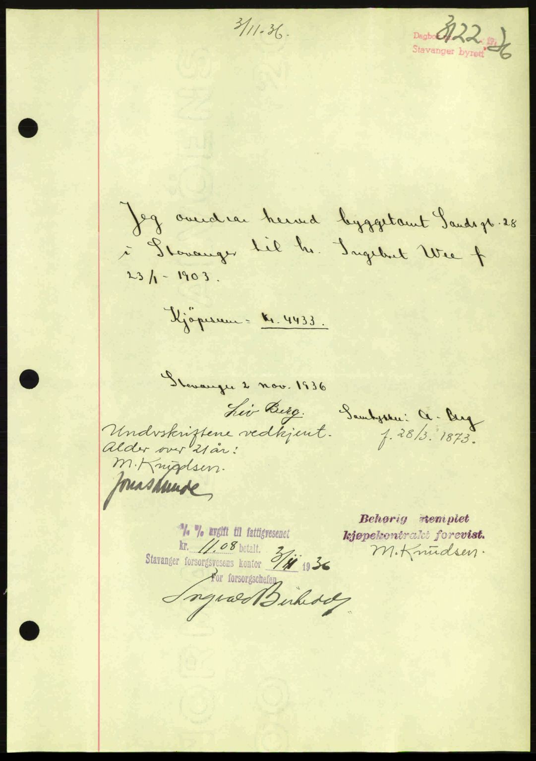 Stavanger byrett, SAST/A-100455/002/G/Gb/L0012: Mortgage book no. A2, 1936-1937, Diary no: : 3122/1936