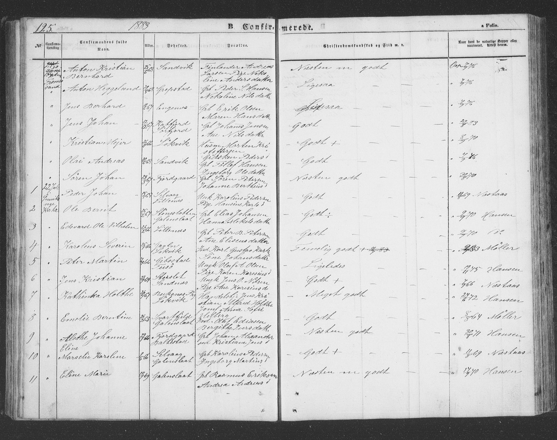 Lenvik sokneprestembete, SATØ/S-1310/H/Ha/Hab/L0020klokker: Parish register (copy) no. 20, 1855-1883, p. 125