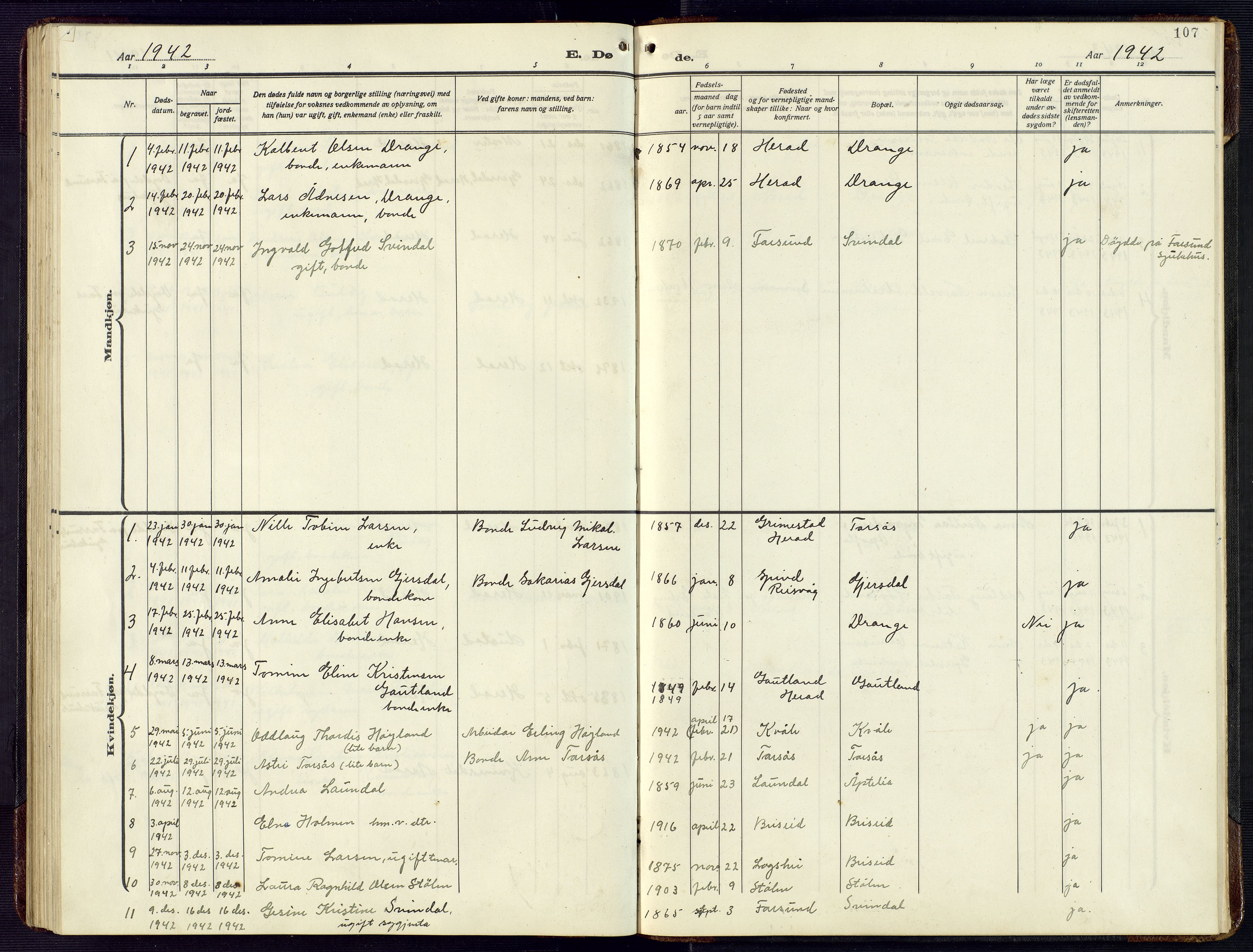 Herad sokneprestkontor, SAK/1111-0018/F/Fb/Fba/L0006: Parish register (copy) no. B 6, 1921-1959, p. 107