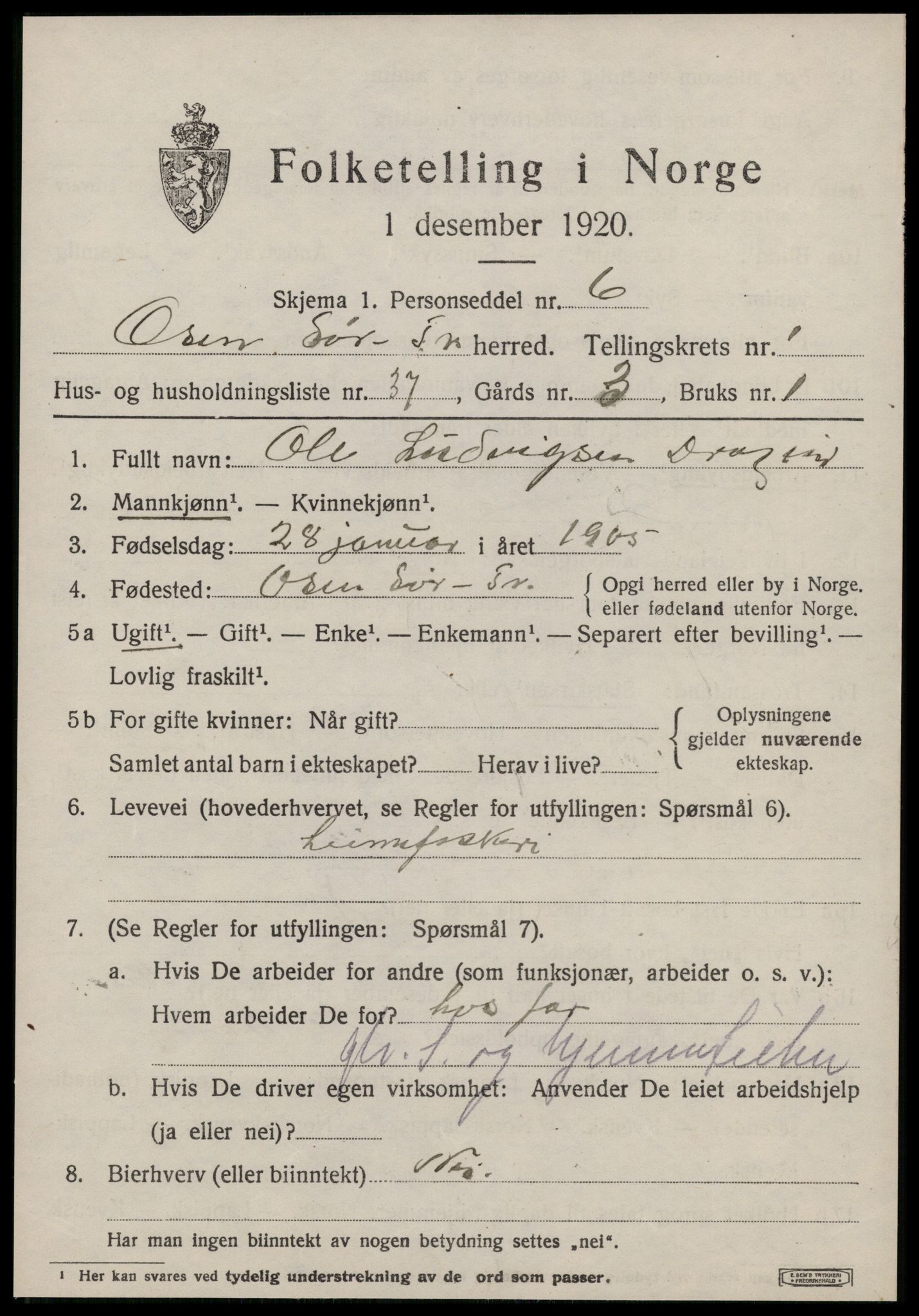 SAT, 1920 census for Osen, 1920, p. 1145