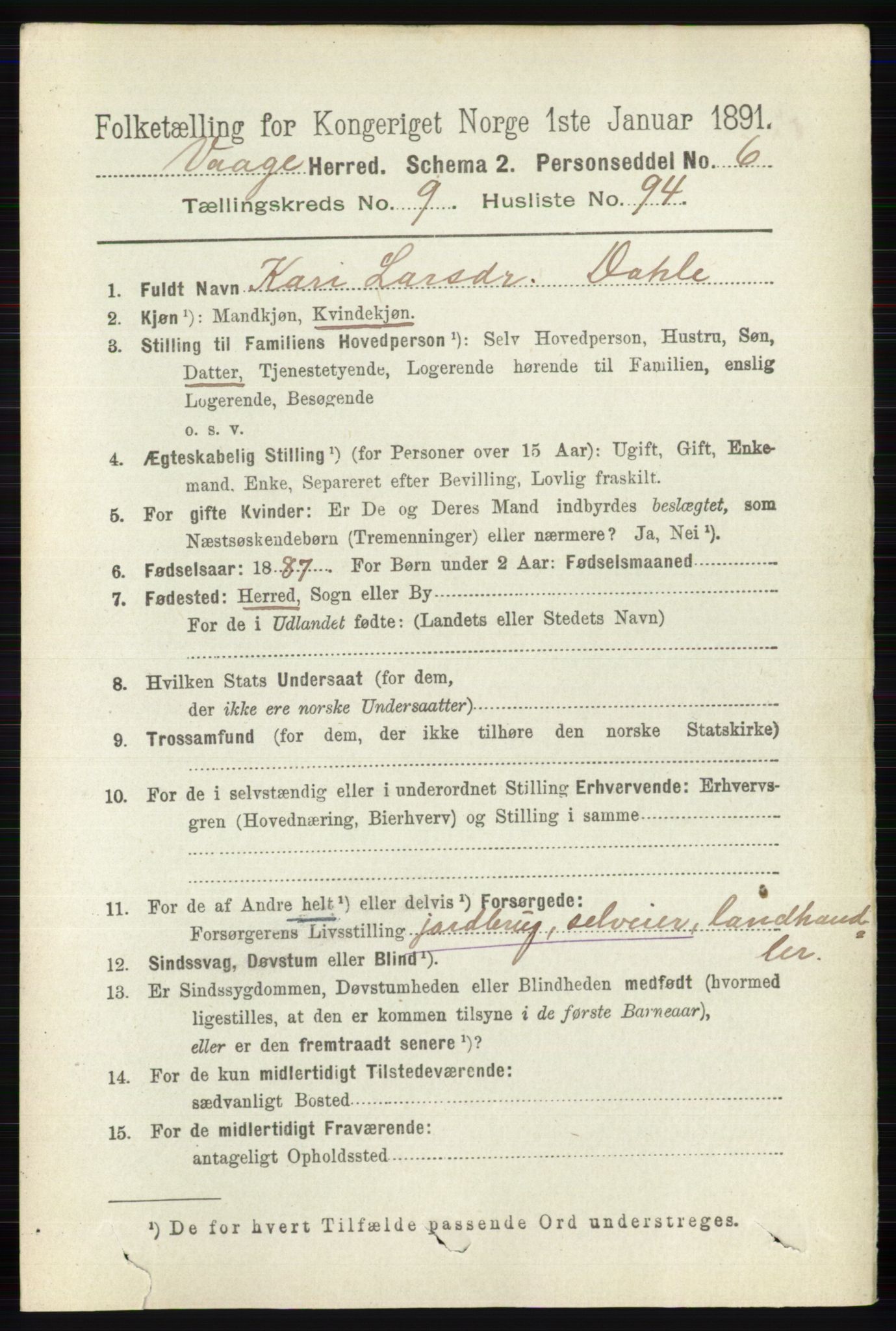 RA, 1891 census for 0515 Vågå, 1891, p. 6118