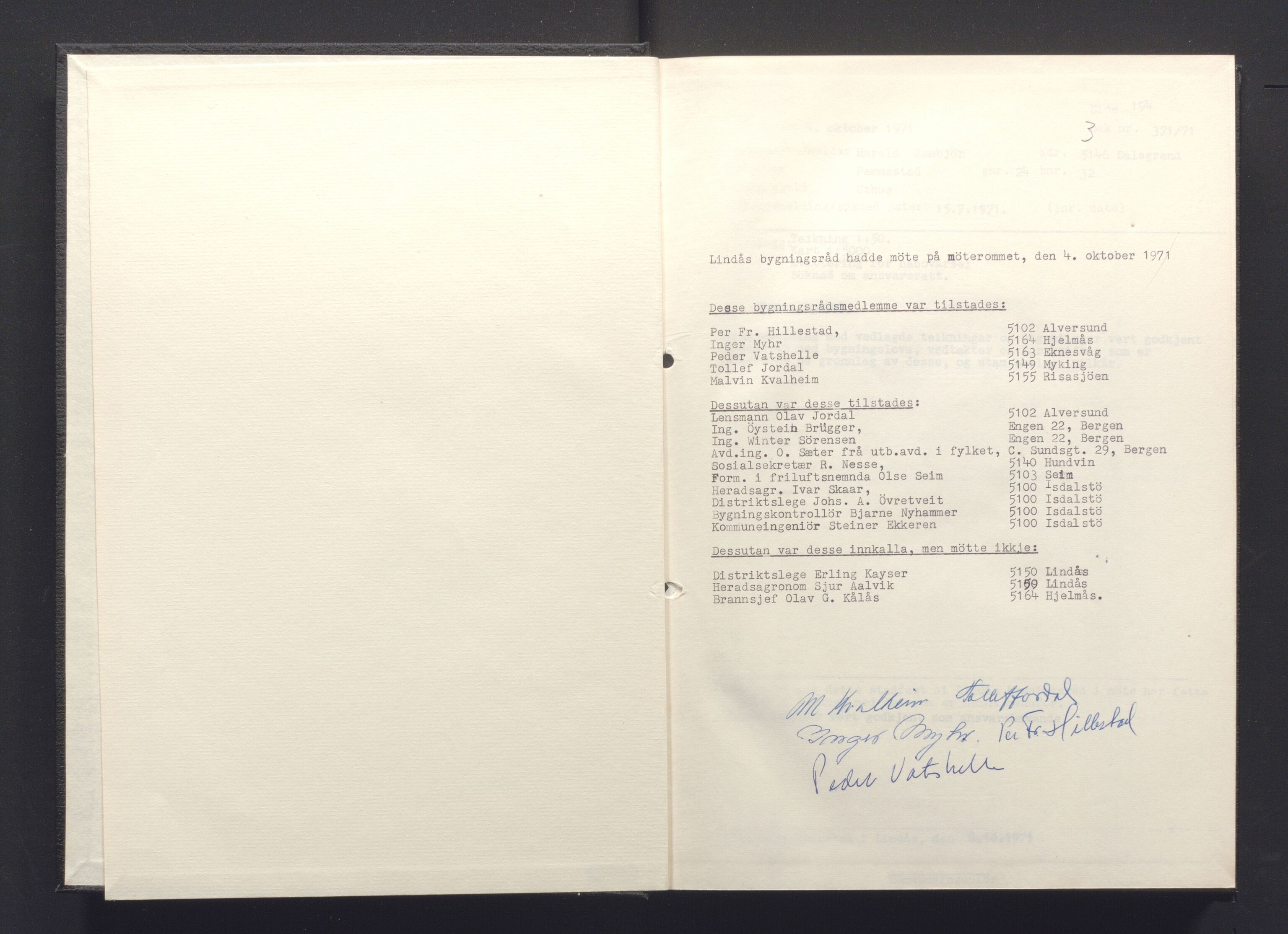 Lindås kommune. Bygningsrådet, IKAH/1263-511/A/Aa/L0008: Møtebok for Lindås bygningsråd, 1971