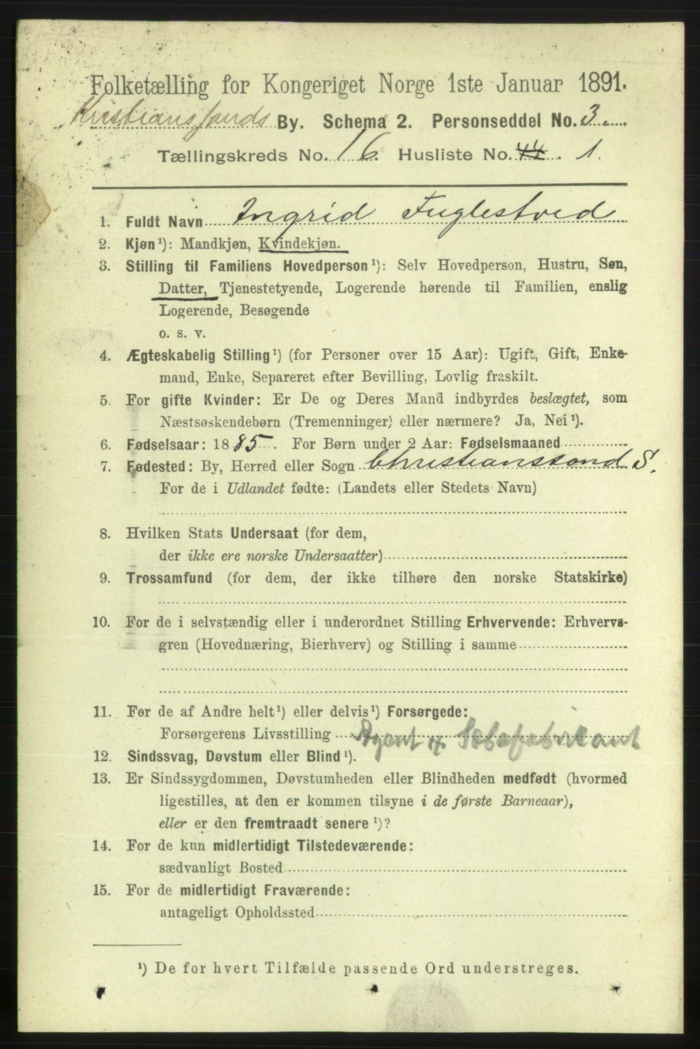 RA, 1891 census for 1001 Kristiansand, 1891, p. 6408