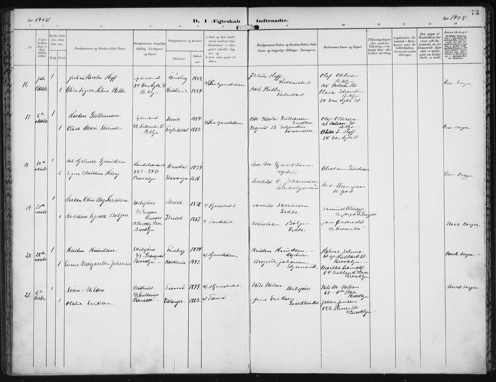 Den norske sjømannsmisjon i utlandet/New York, SAB/SAB/PA-0110/H/Ha/L0005: Parish register (official) no. A 5, 1902-1908, p. 73