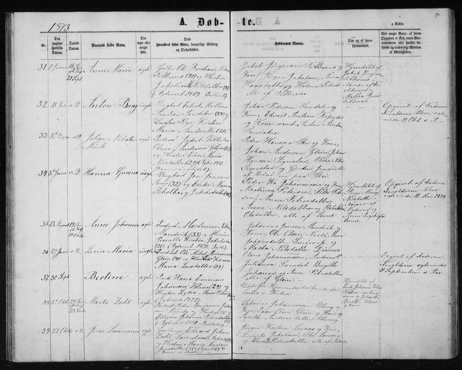 Ministerialprotokoller, klokkerbøker og fødselsregistre - Nordland, AV/SAT-A-1459/835/L0531: Parish register (copy) no. 835C03, 1865-1877, p. 37