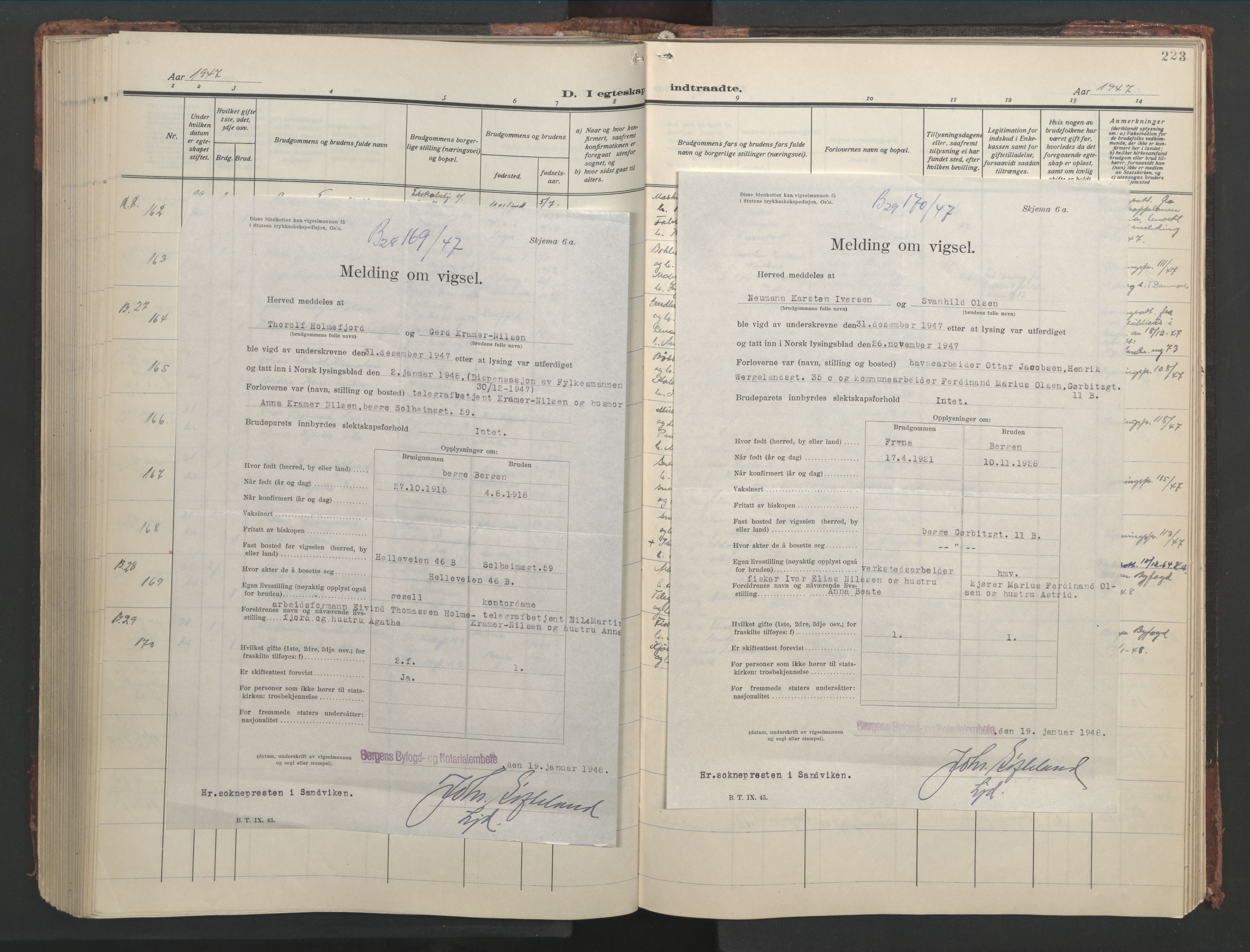 Sandviken Sokneprestembete, AV/SAB-A-77601/H/Hb/L0015: Parish register (copy) no. D 2, 1929-1953, p. 222b-223a