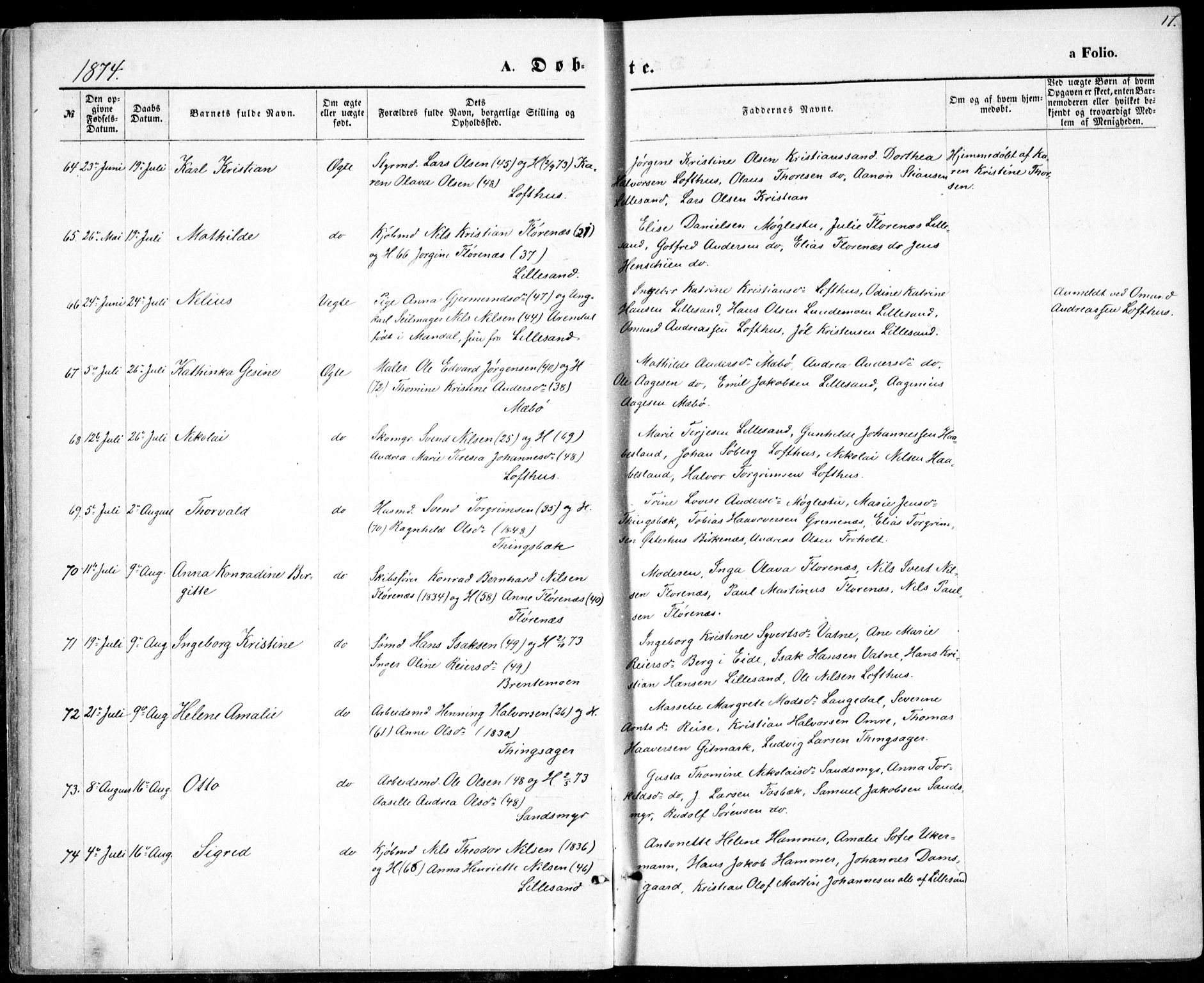 Vestre Moland sokneprestkontor, AV/SAK-1111-0046/F/Fb/Fbb/L0005: Parish register (copy) no. B 5, 1872-1883, p. 17