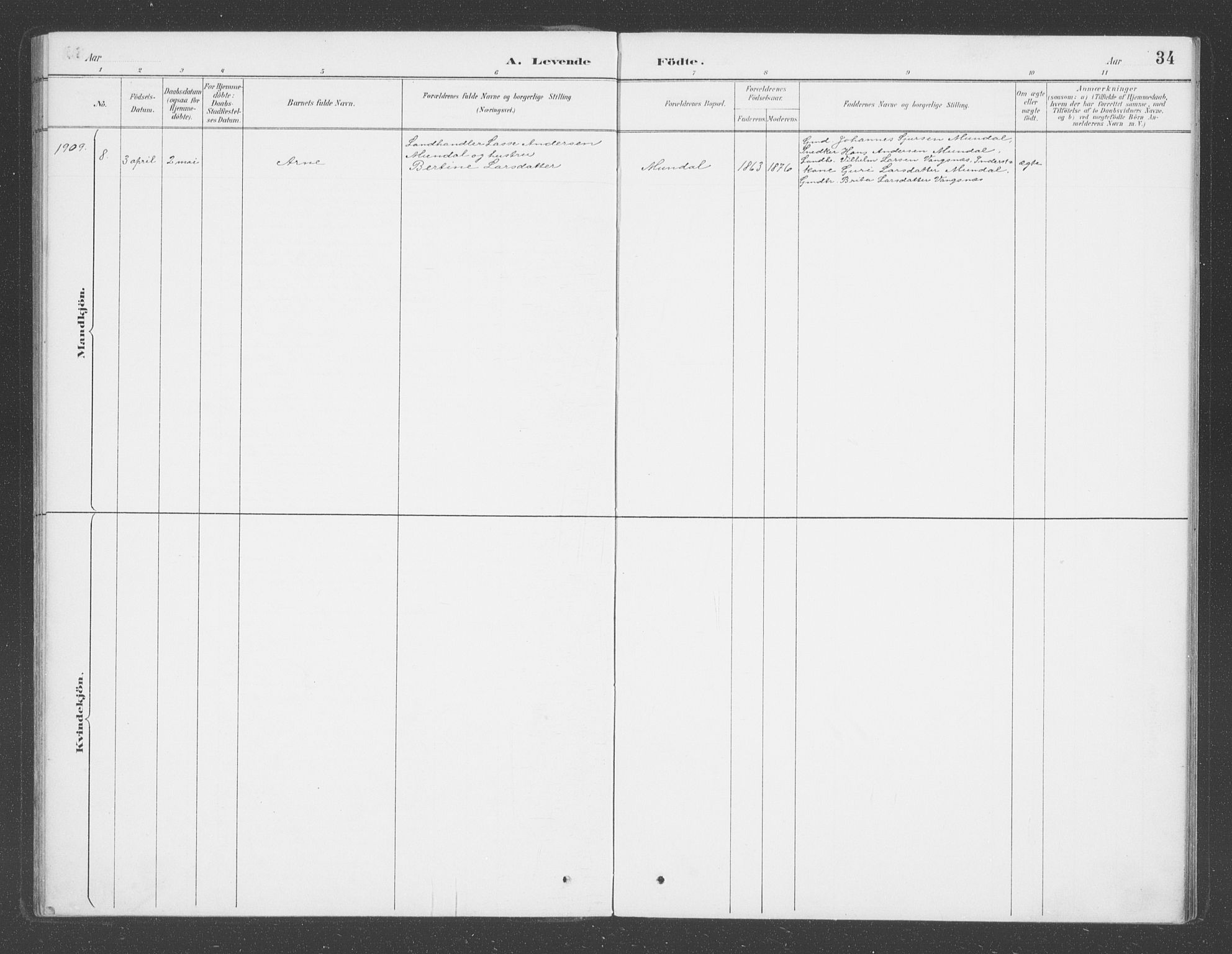 Balestrand sokneprestembete, SAB/A-79601/H/Haa/Haac/L0001: Parish register (official) no. C  1, 1889-1909, p. 34