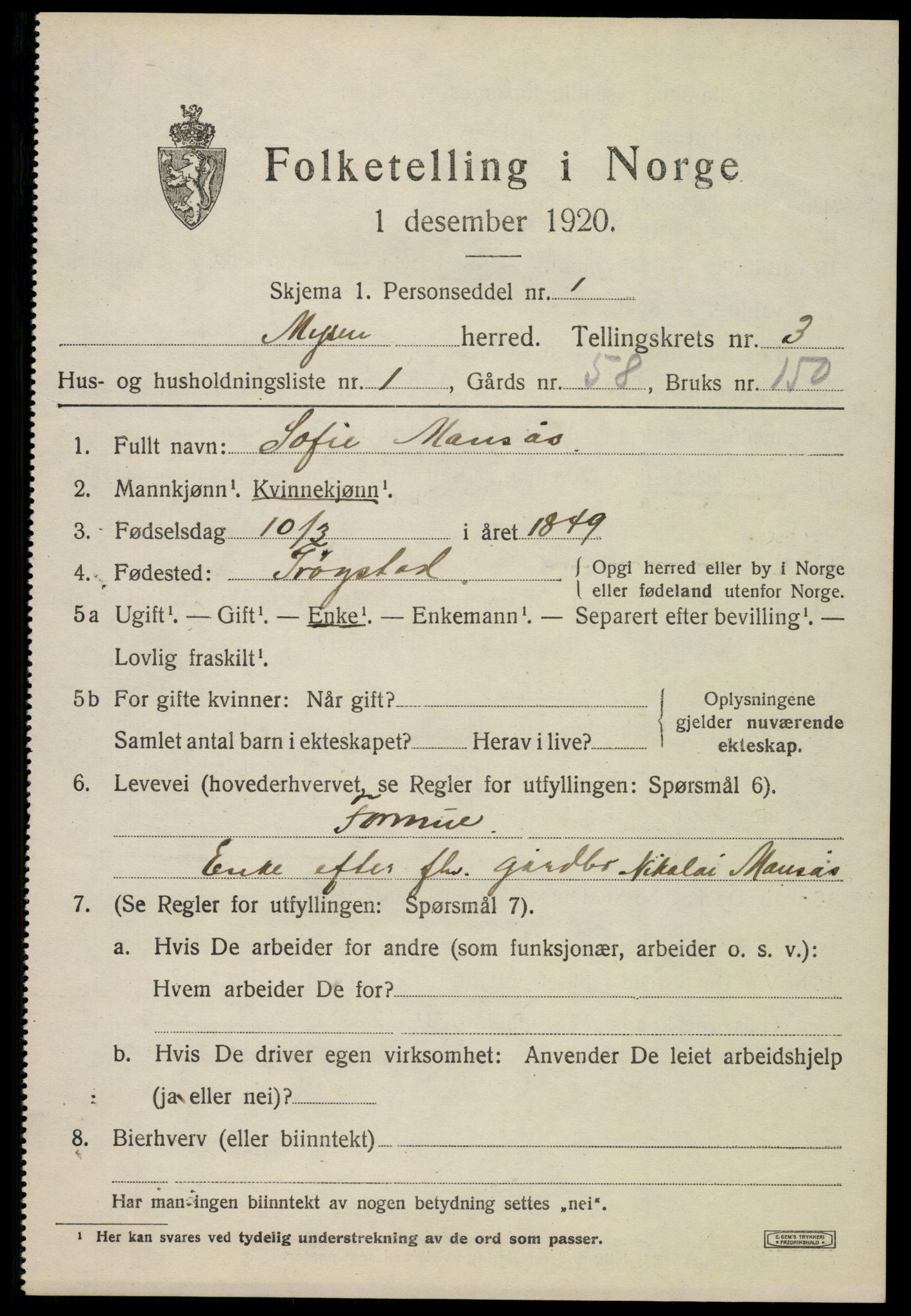 SAO, 1920 census for Mysen, 1920, p. 1871