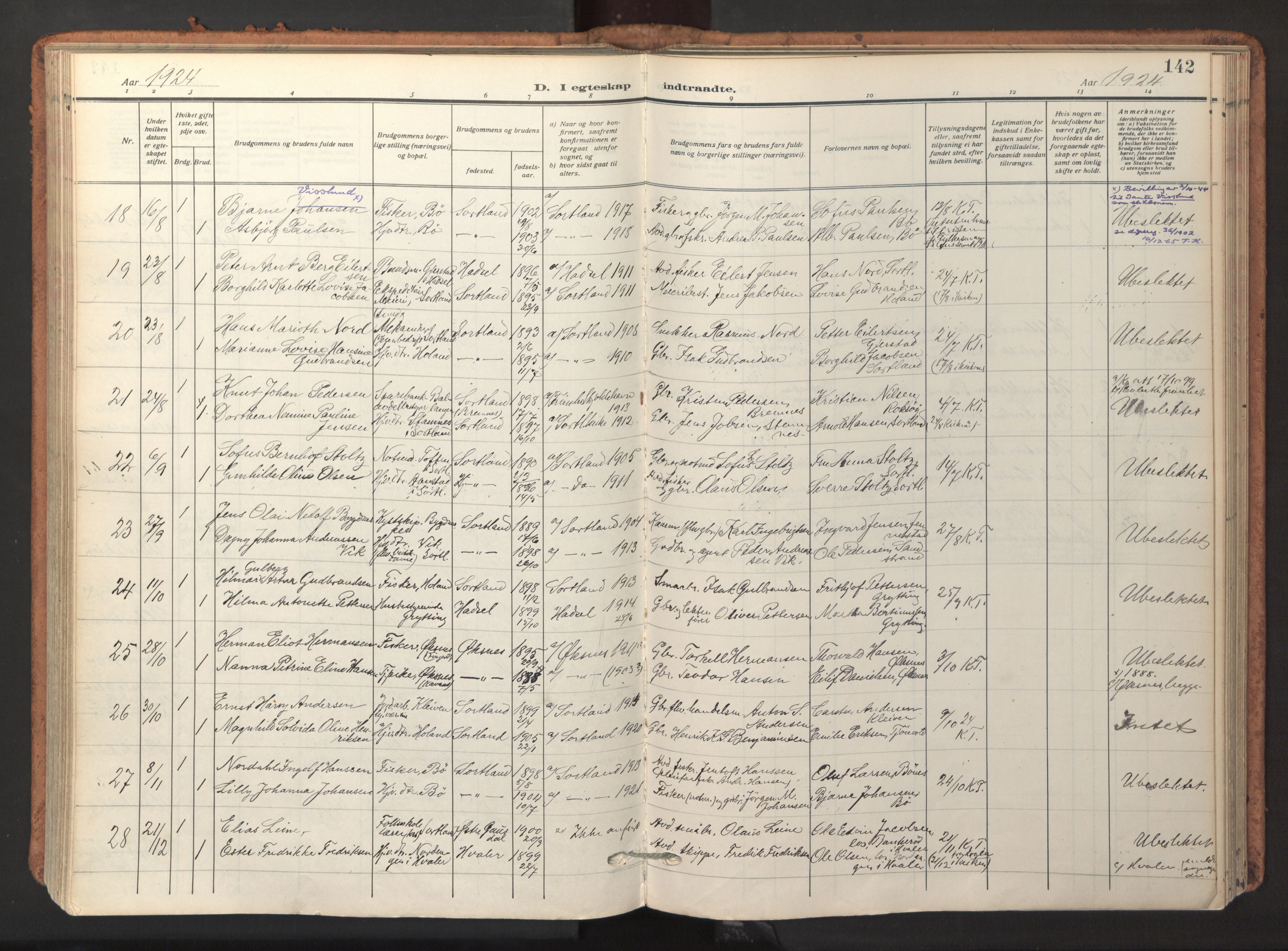 Ministerialprotokoller, klokkerbøker og fødselsregistre - Nordland, AV/SAT-A-1459/895/L1374: Parish register (official) no. 895A09, 1915-1925, p. 142