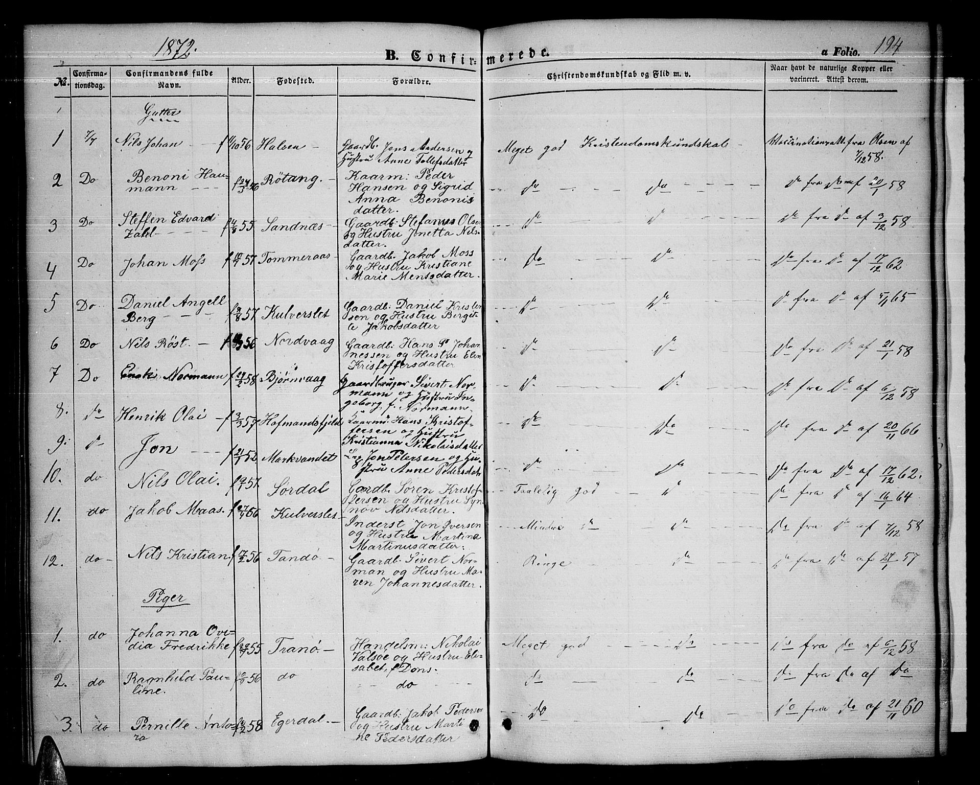 Ministerialprotokoller, klokkerbøker og fødselsregistre - Nordland, AV/SAT-A-1459/859/L0857: Parish register (copy) no. 859C03, 1854-1873, p. 194