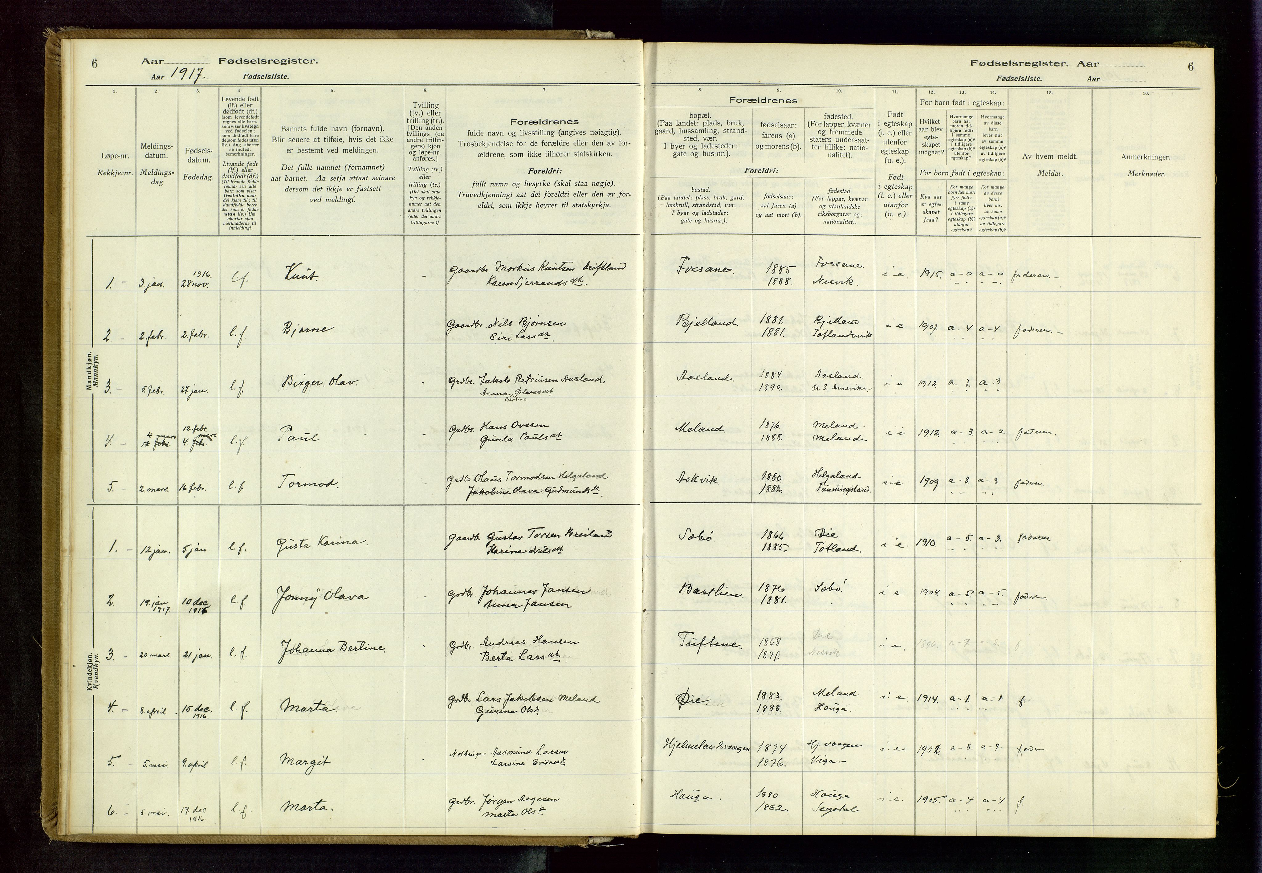 Hjelmeland sokneprestkontor, AV/SAST-A-101843/02/B/L0001: Birth register no. 1, 1916-1963, p. 6