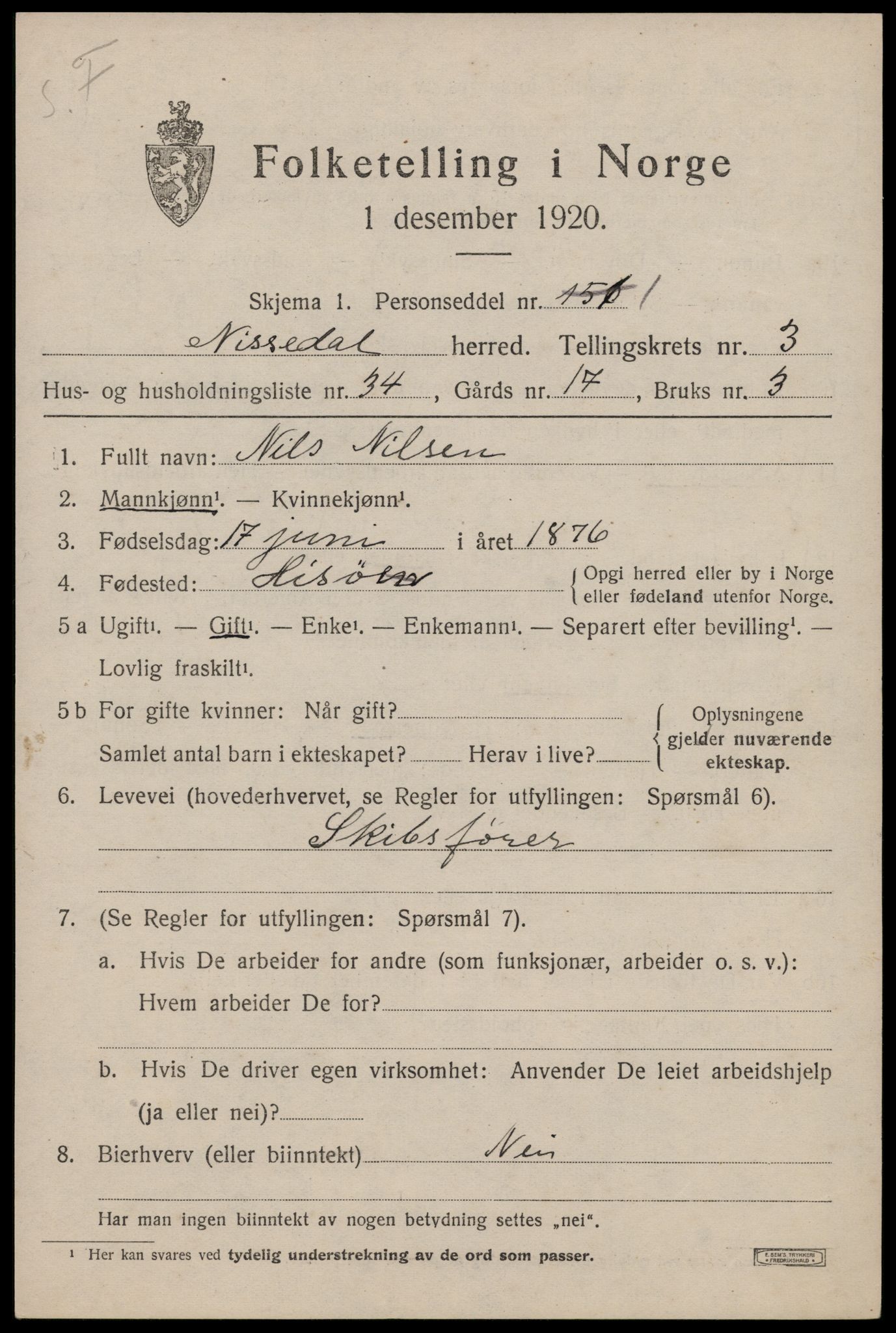 SAKO, 1920 census for Nissedal, 1920, p. 1797