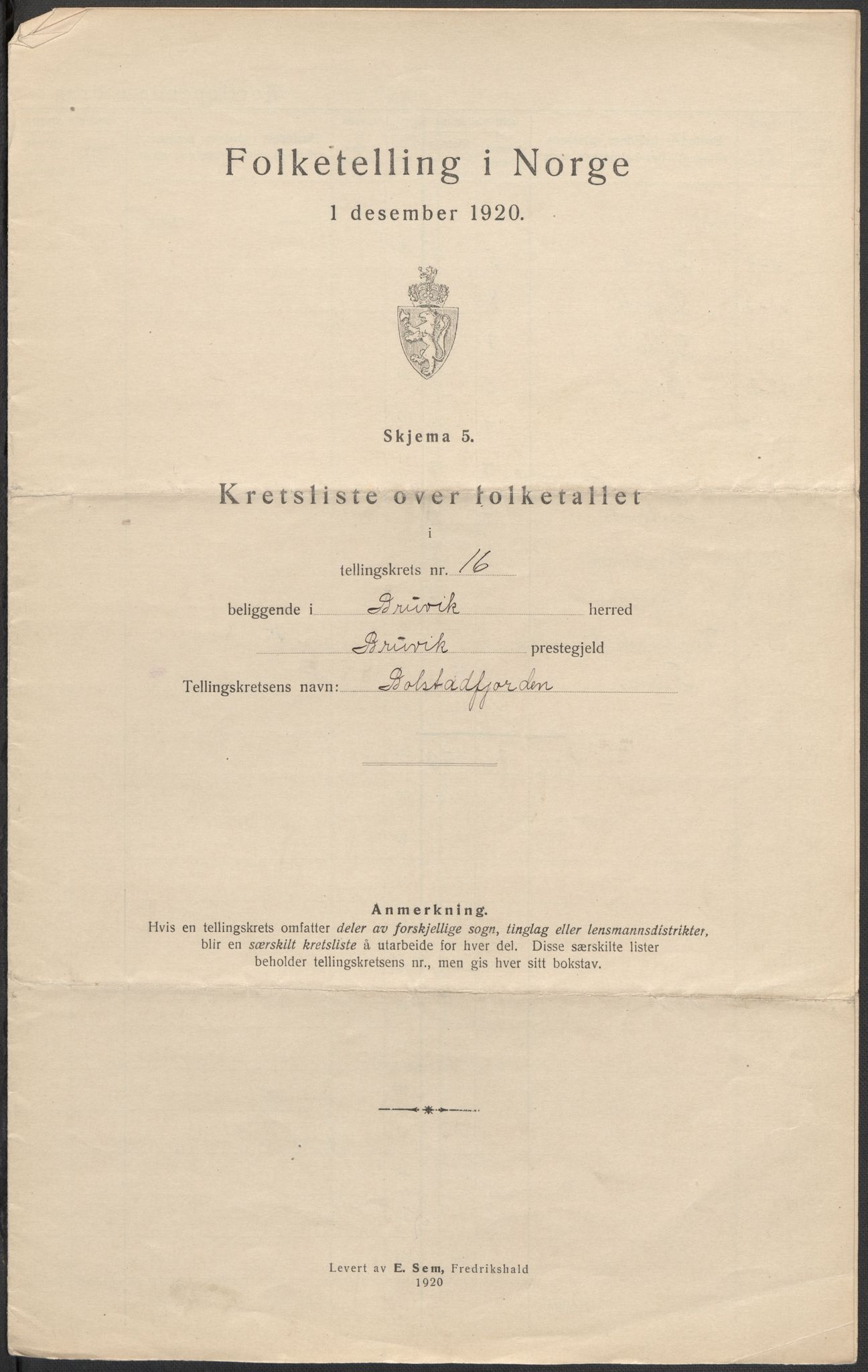 SAB, 1920 census for Bruvik, 1920, p. 50