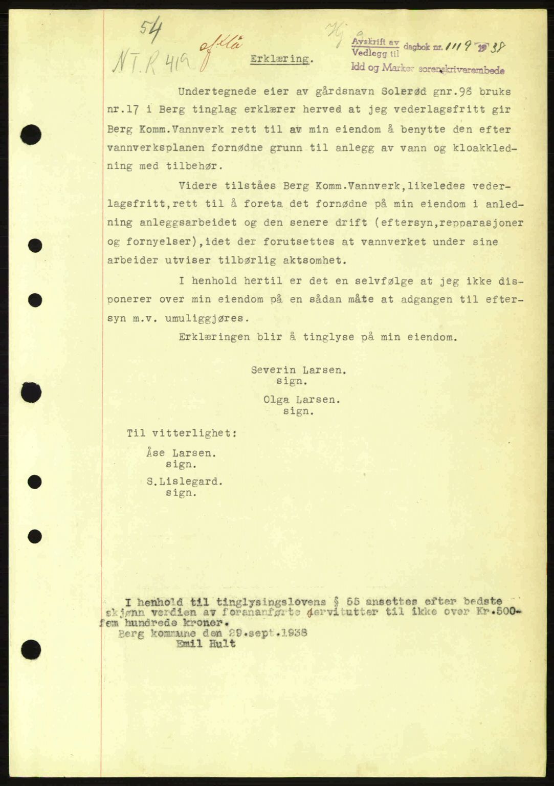 Idd og Marker sorenskriveri, AV/SAO-A-10283/G/Gb/Gbc/L0001: Mortgage book no. B1-3, 1936-1939, Diary no: : 1119/1938