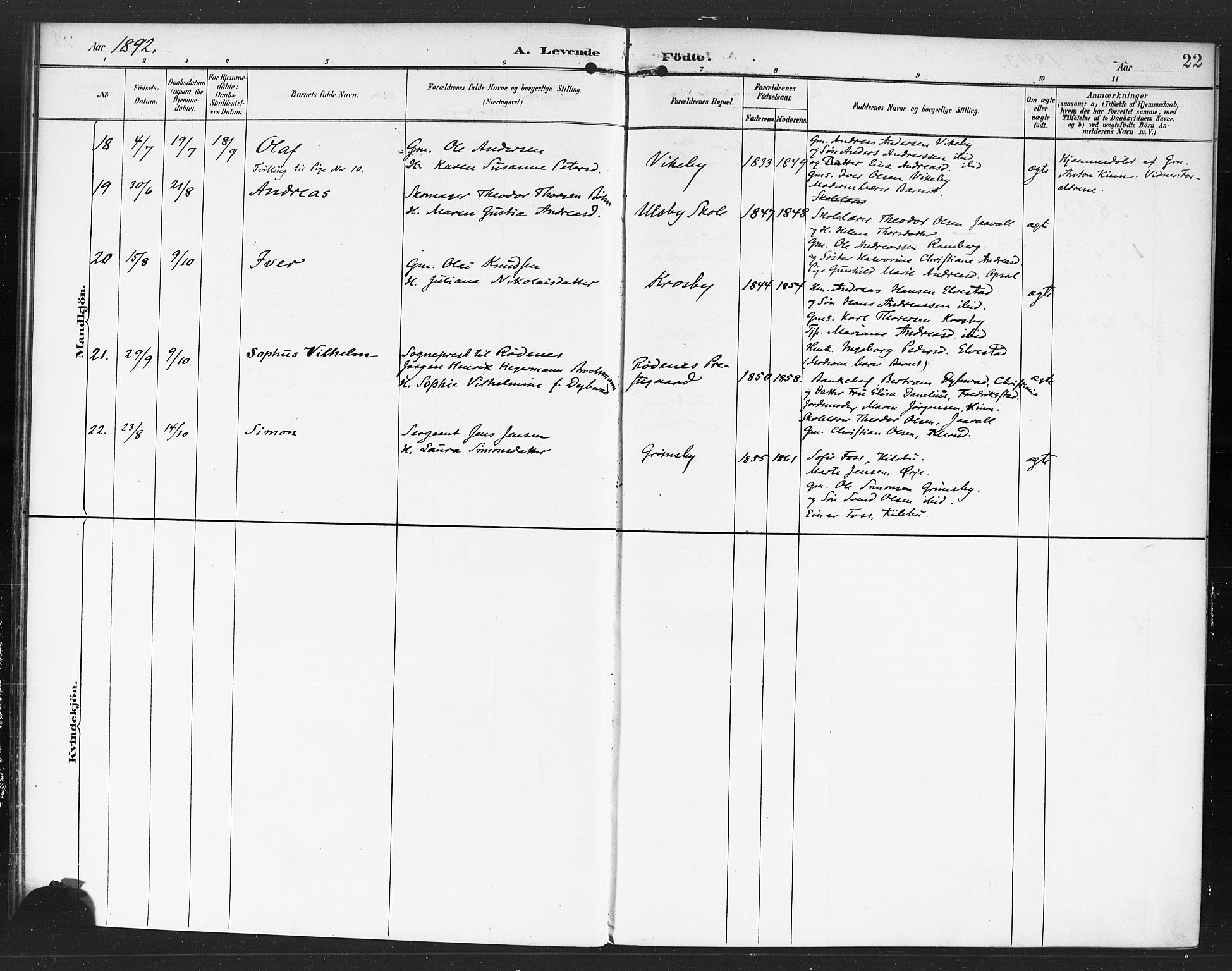 Rødenes prestekontor Kirkebøker, AV/SAO-A-2005/F/Fa/L0010: Parish register (official) no. I 10, 1890-1900, p. 22