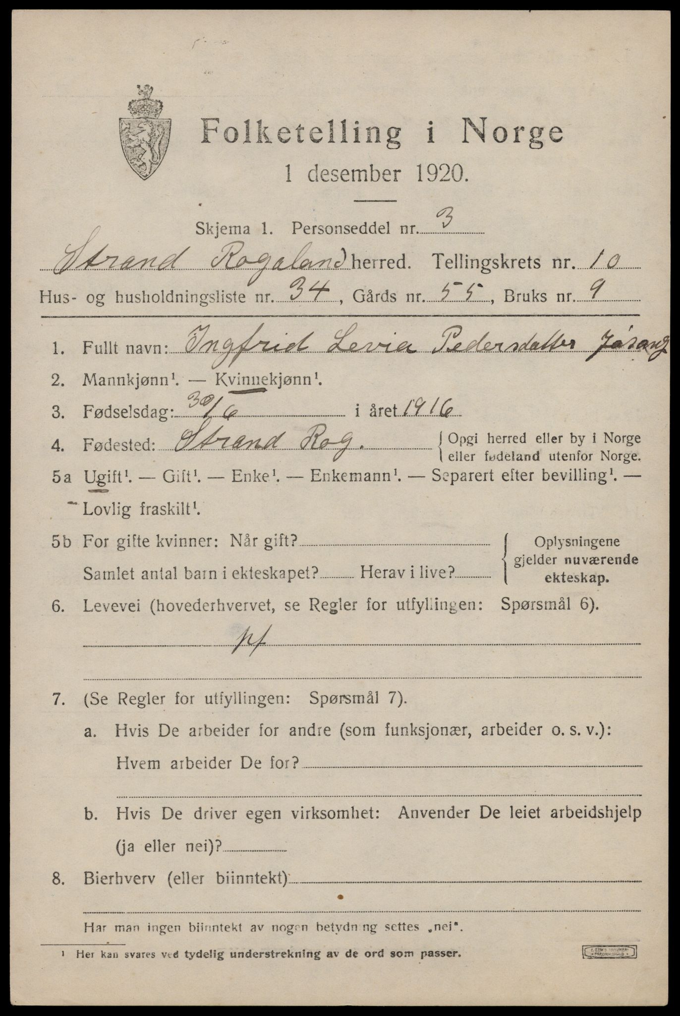 SAST, 1920 census for Strand, 1920, p. 7033