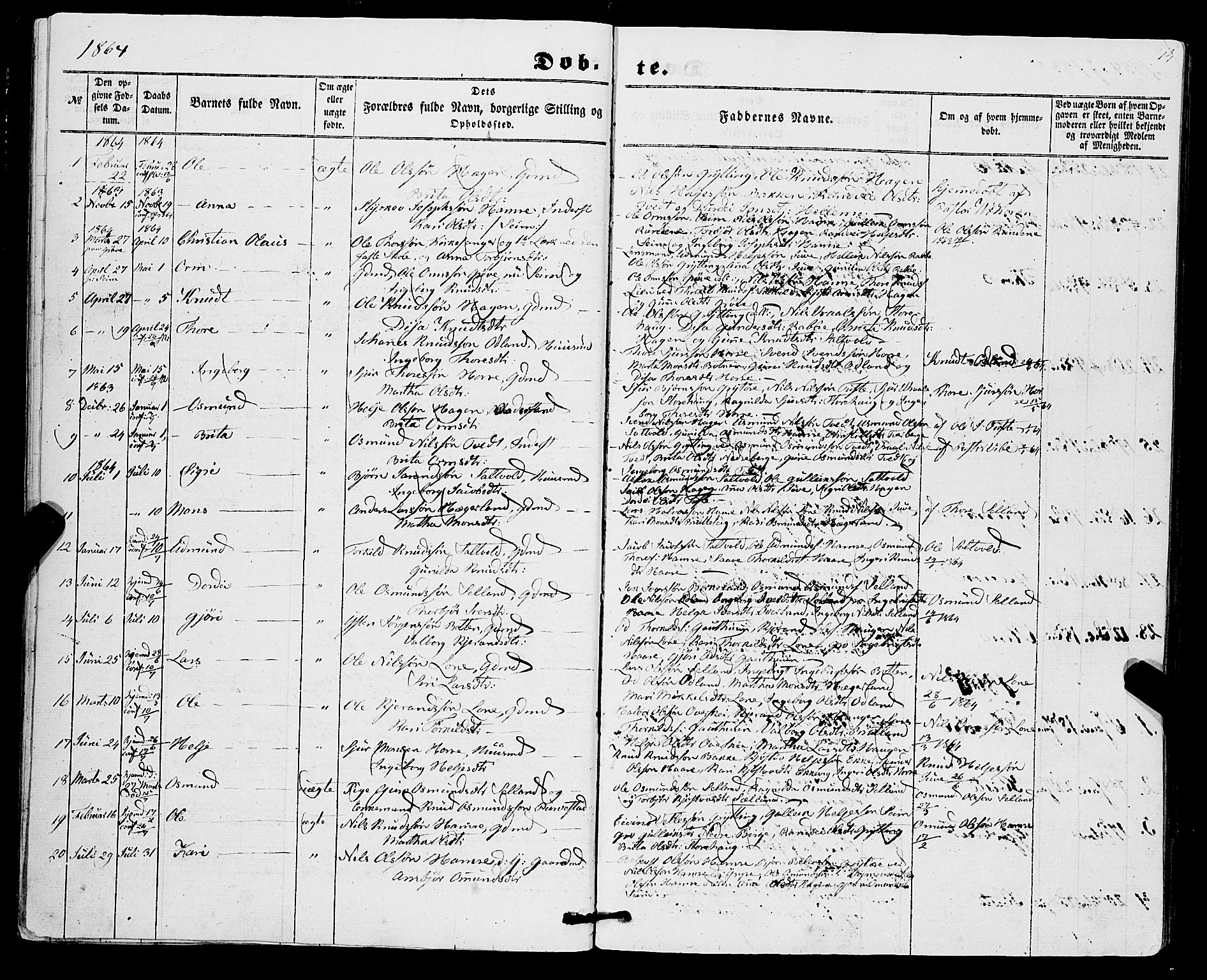 Røldal sokneprestembete, AV/SAB-A-100247: Parish register (official) no. A 3, 1856-1870, p. 14