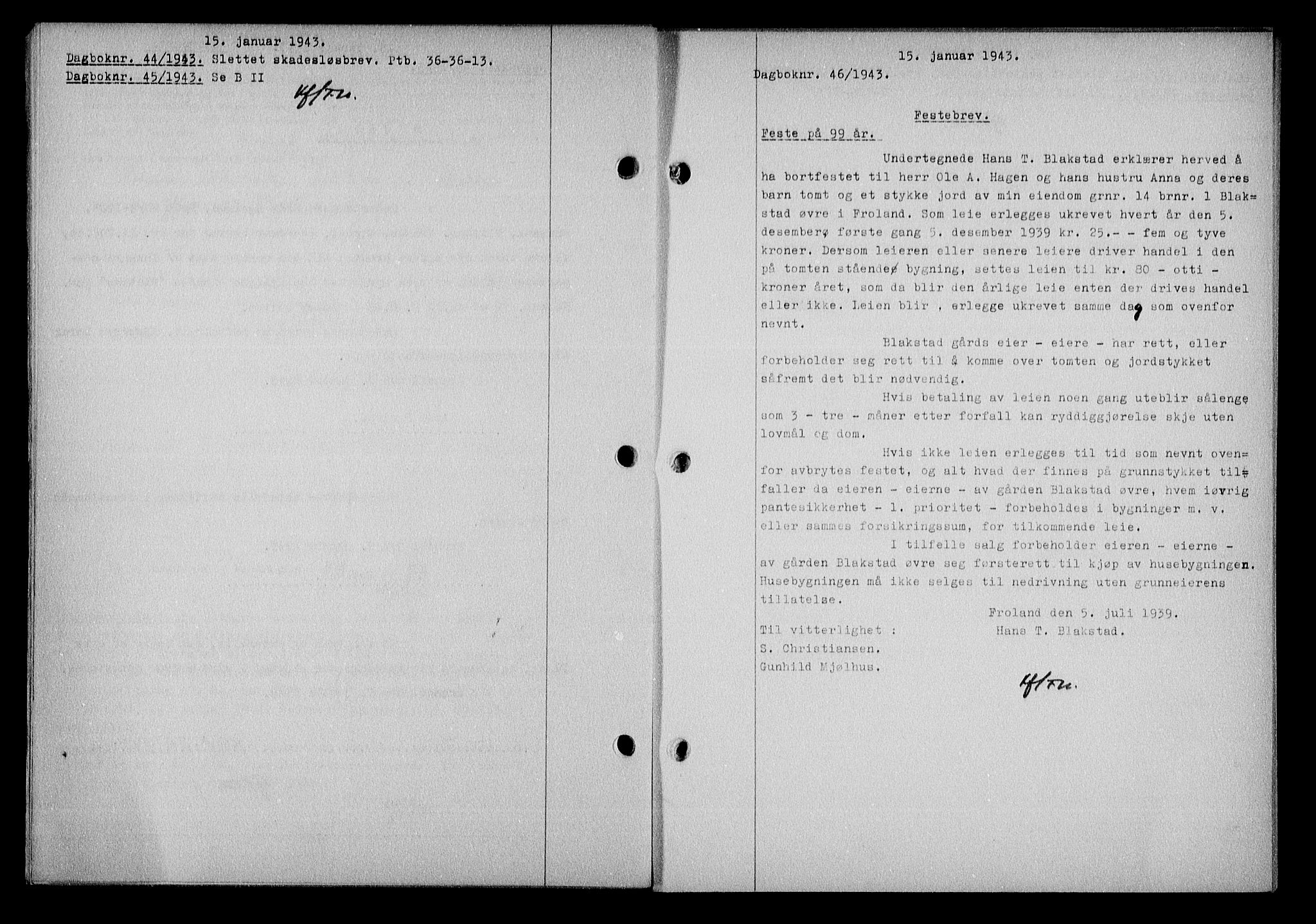 Nedenes sorenskriveri, SAK/1221-0006/G/Gb/Gba/L0050: Mortgage book no. A-IV, 1942-1943, Diary no: : 46/1943