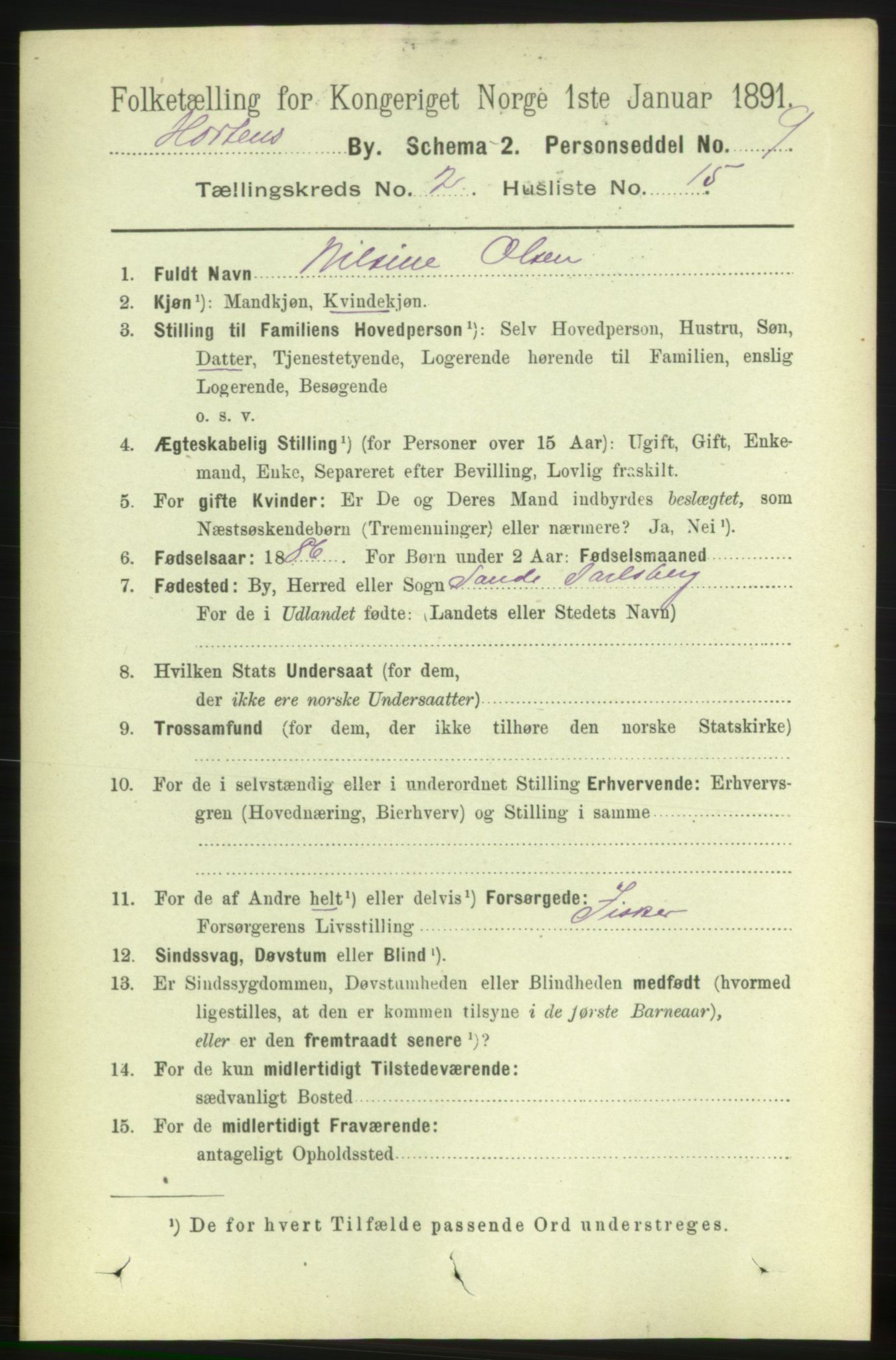 RA, 1891 census for 0703 Horten, 1891, p. 2186