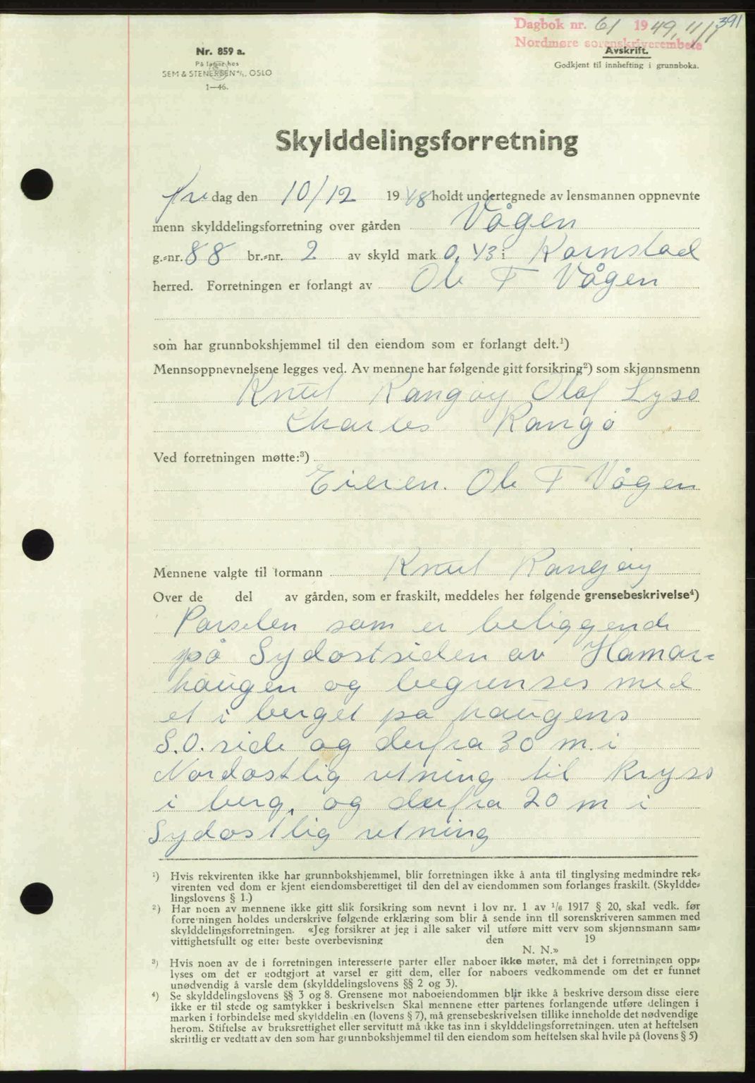 Nordmøre sorenskriveri, AV/SAT-A-4132/1/2/2Ca: Mortgage book no. A110, 1948-1949, Diary no: : 61/1949