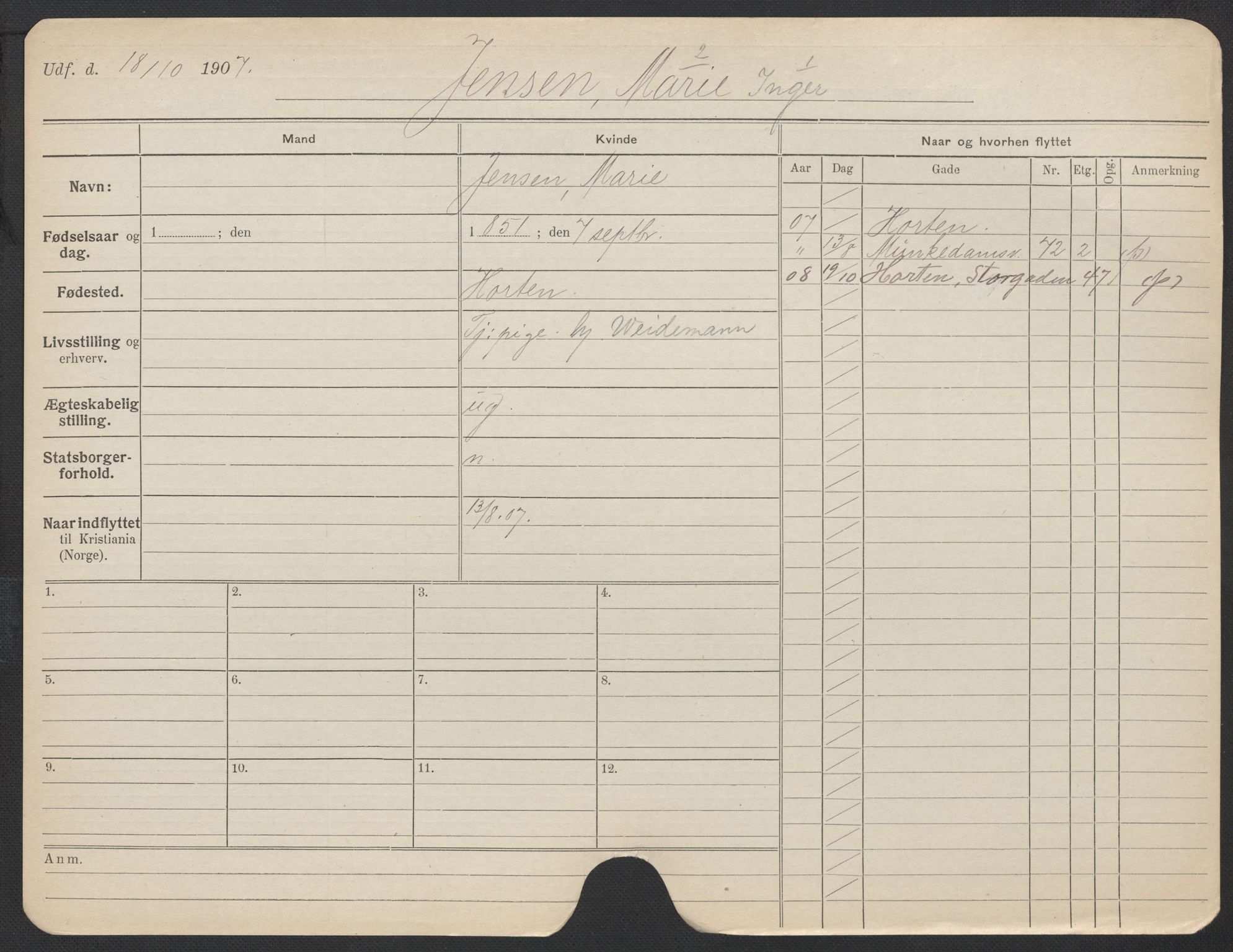 Oslo folkeregister, Registerkort, AV/SAO-A-11715/F/Fa/Fac/L0017: Kvinner, 1906-1914, p. 496a