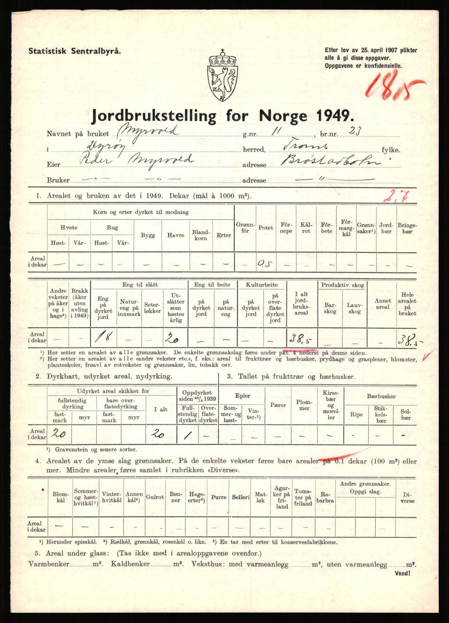 Statistisk sentralbyrå, Næringsøkonomiske emner, Jordbruk, skogbruk, jakt, fiske og fangst, AV/RA-S-2234/G/Gc/L0440: Troms: Sørreisa og Dyrøy, 1949, p. 1573
