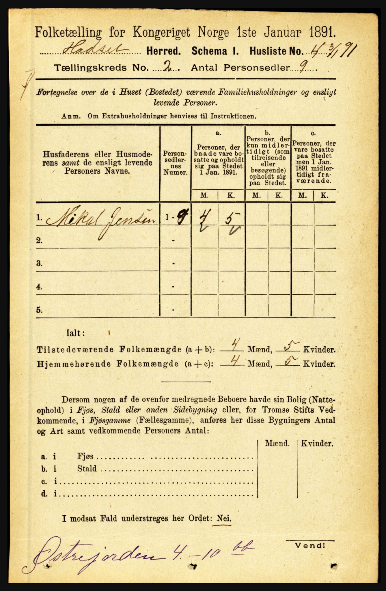 RA, 1891 census for 1866 Hadsel, 1891, p. 598