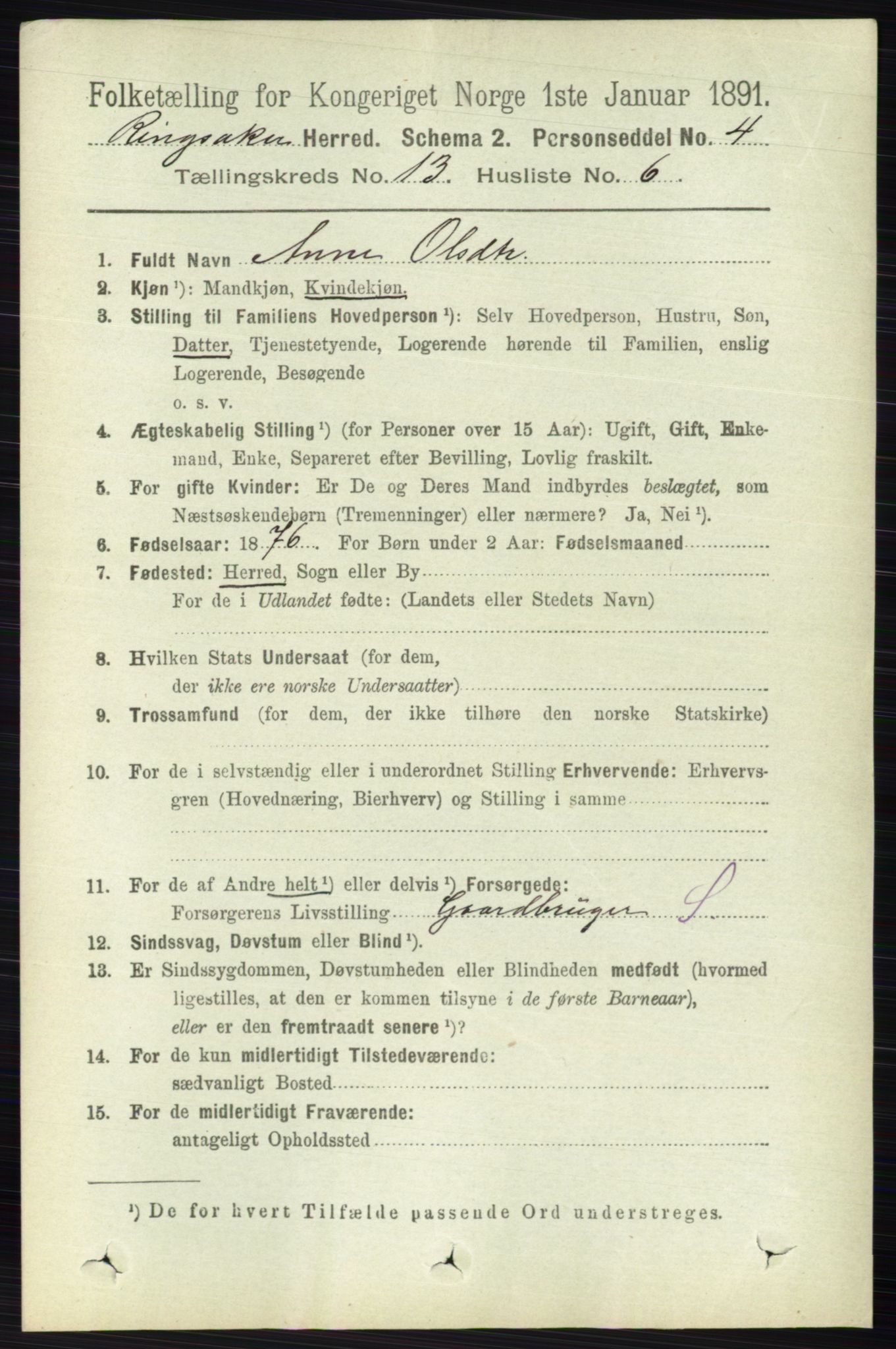 RA, 1891 census for 0412 Ringsaker, 1891, p. 7240
