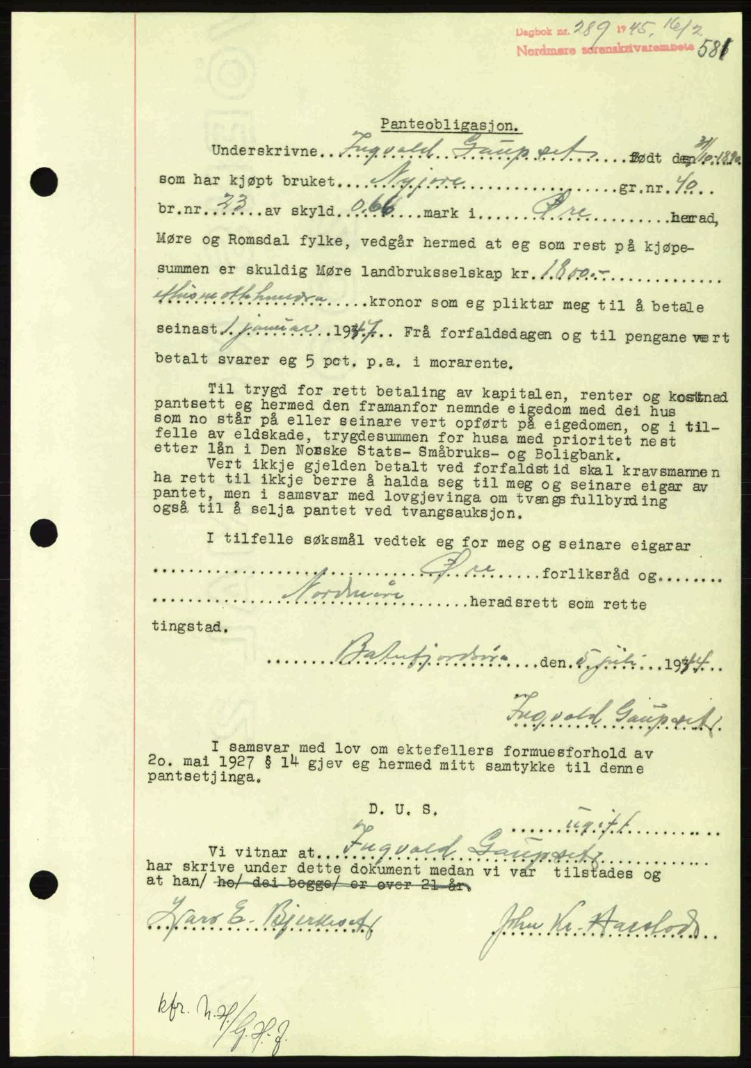 Nordmøre sorenskriveri, AV/SAT-A-4132/1/2/2Ca: Mortgage book no. B92, 1944-1945, Diary no: : 289/1945