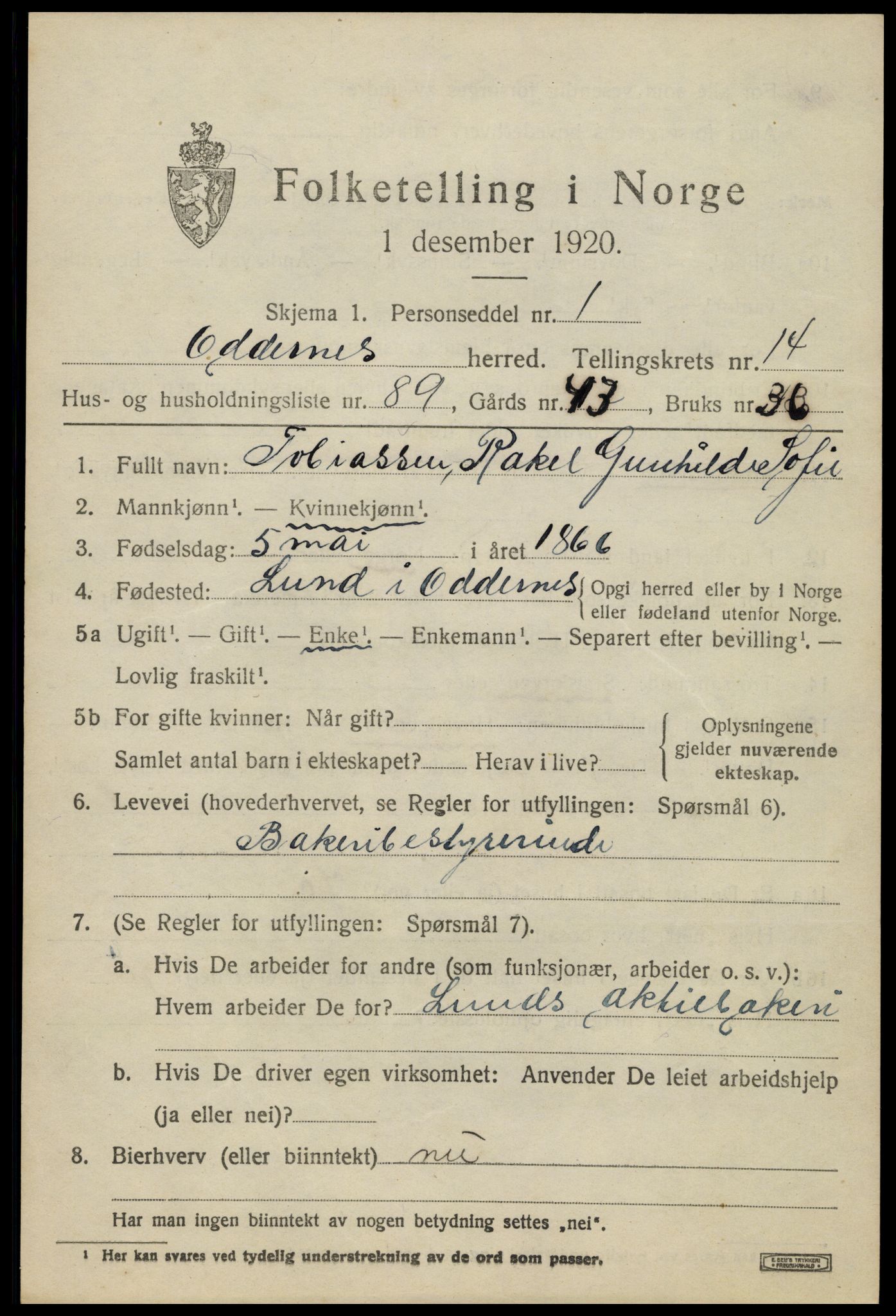 SAK, 1920 census for Oddernes, 1920, p. 9653