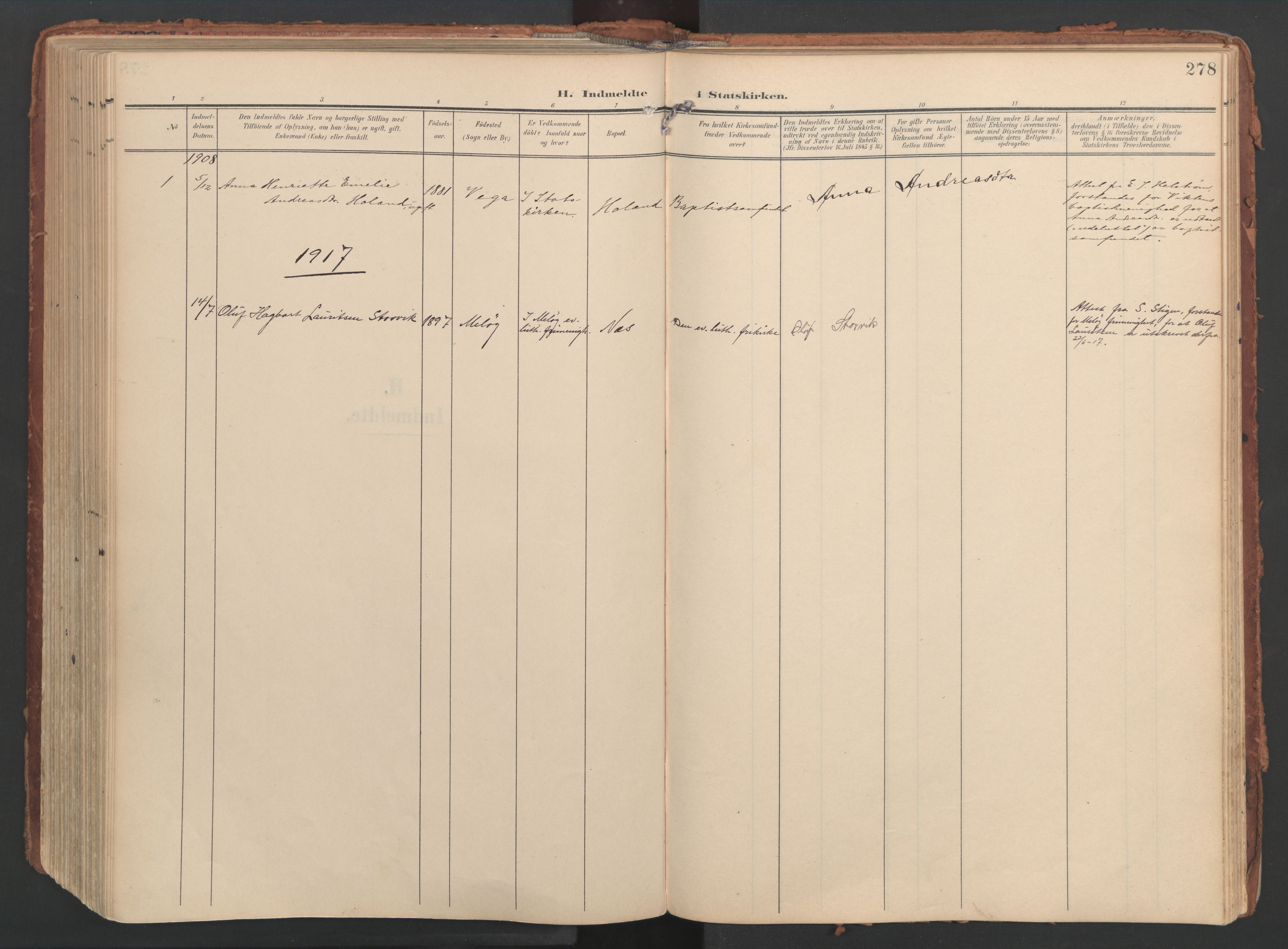 Ministerialprotokoller, klokkerbøker og fødselsregistre - Nordland, AV/SAT-A-1459/816/L0250: Parish register (official) no. 816A16, 1903-1923, p. 278