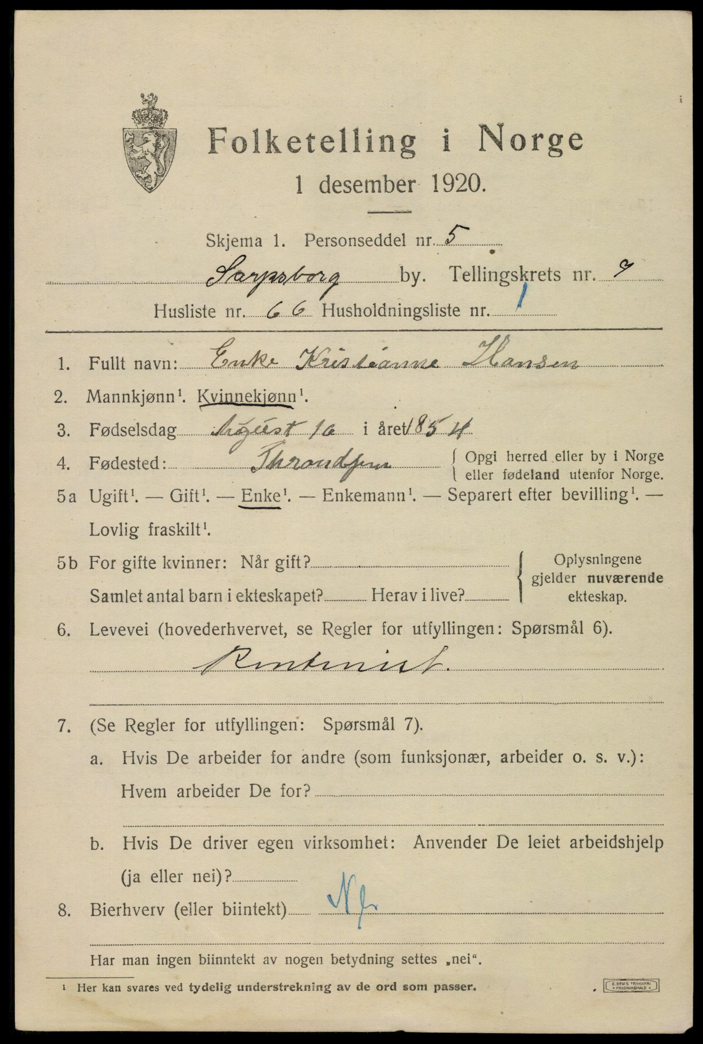 SAO, 1920 census for Sarpsborg, 1920, p. 17292