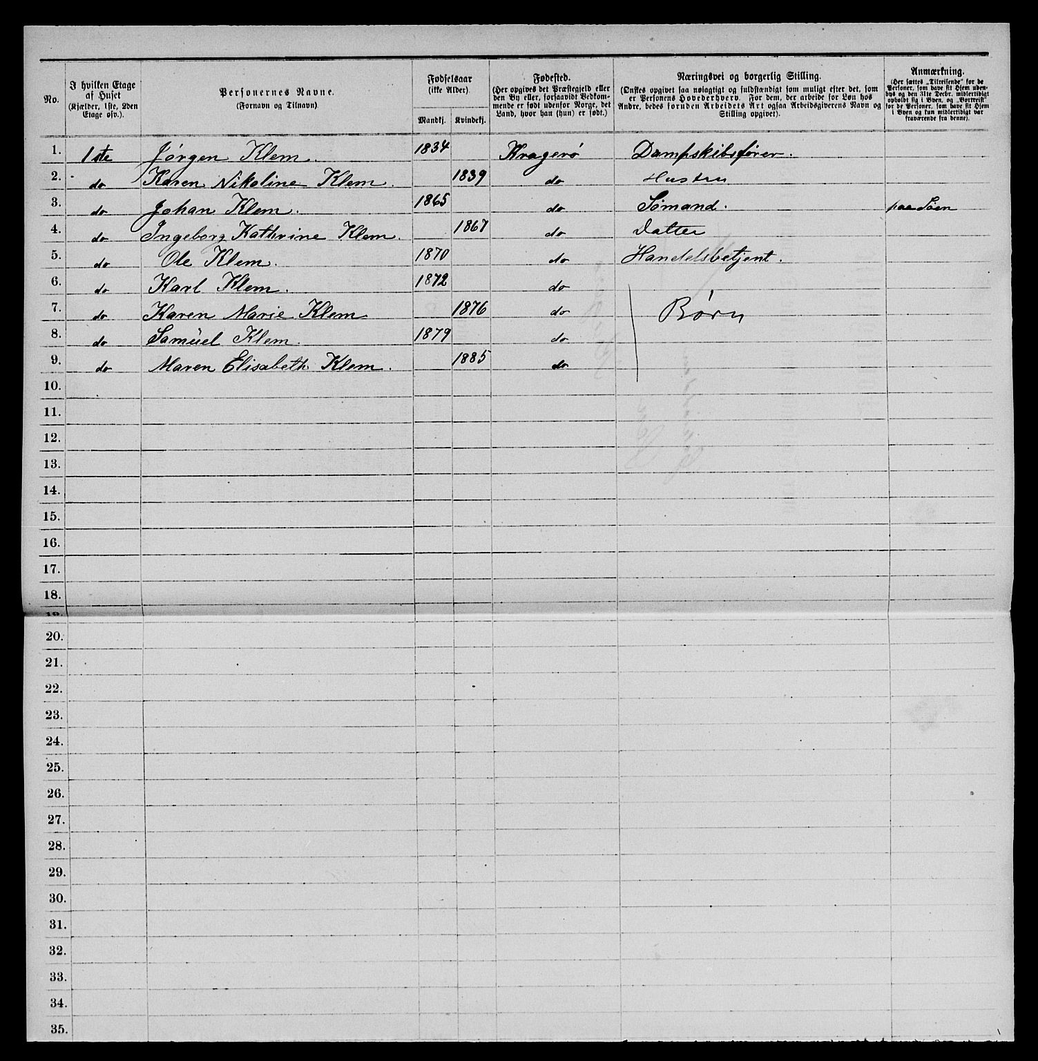 SAKO, 1885 census for 0801 Kragerø, 1885, p. 605