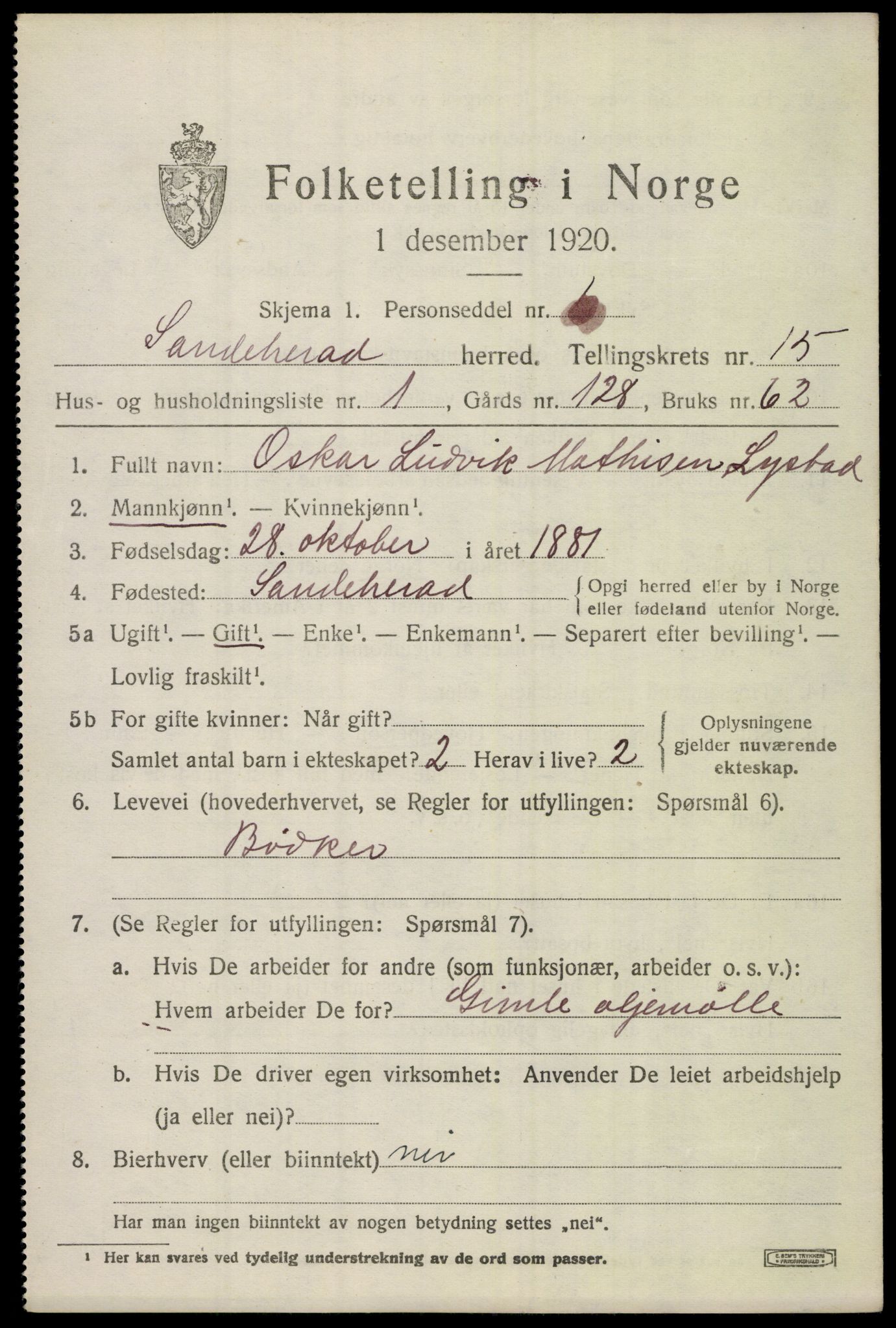 SAKO, 1920 census for Sandeherred, 1920, p. 22958