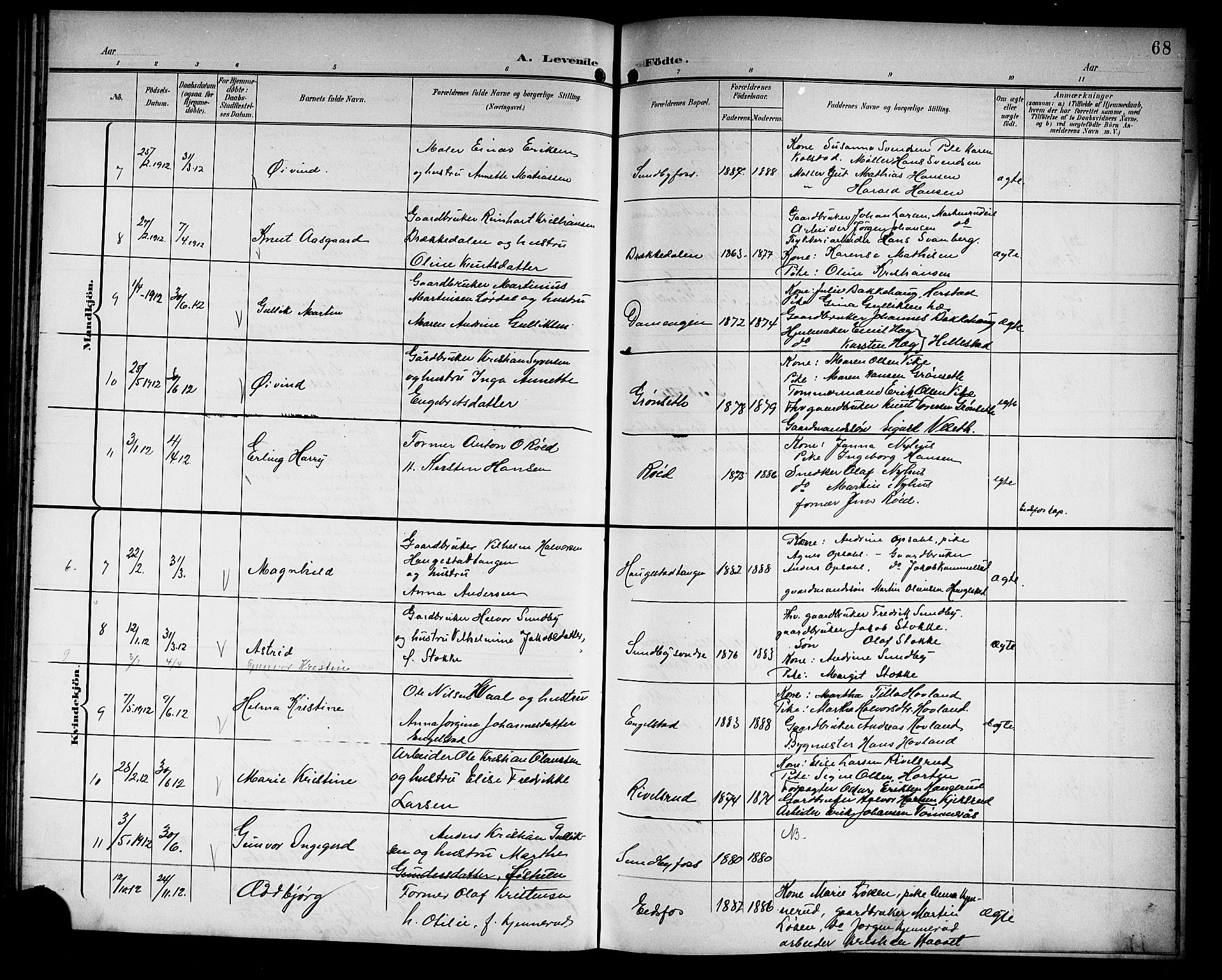 Hof kirkebøker, AV/SAKO-A-64/G/Ga/L0005: Parish register (copy) no. I 5, 1899-1922, p. 68