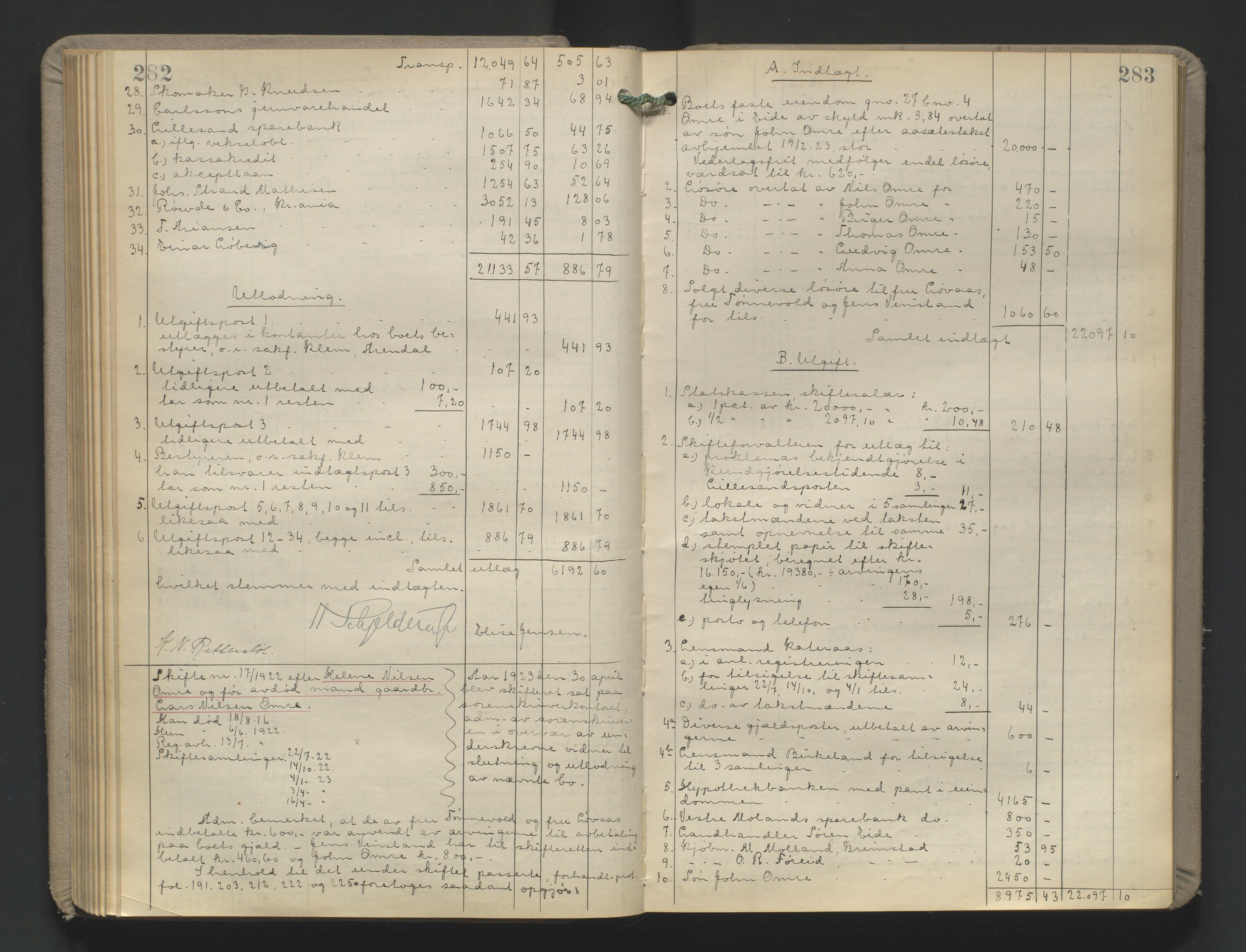 Vestre Nedenes/Sand sorenskriveri, AV/SAK-1221-0010/H/Hc/L0022: Skifteutlodningsprotokoll nr. 9, 1919-1932, p. 282-283