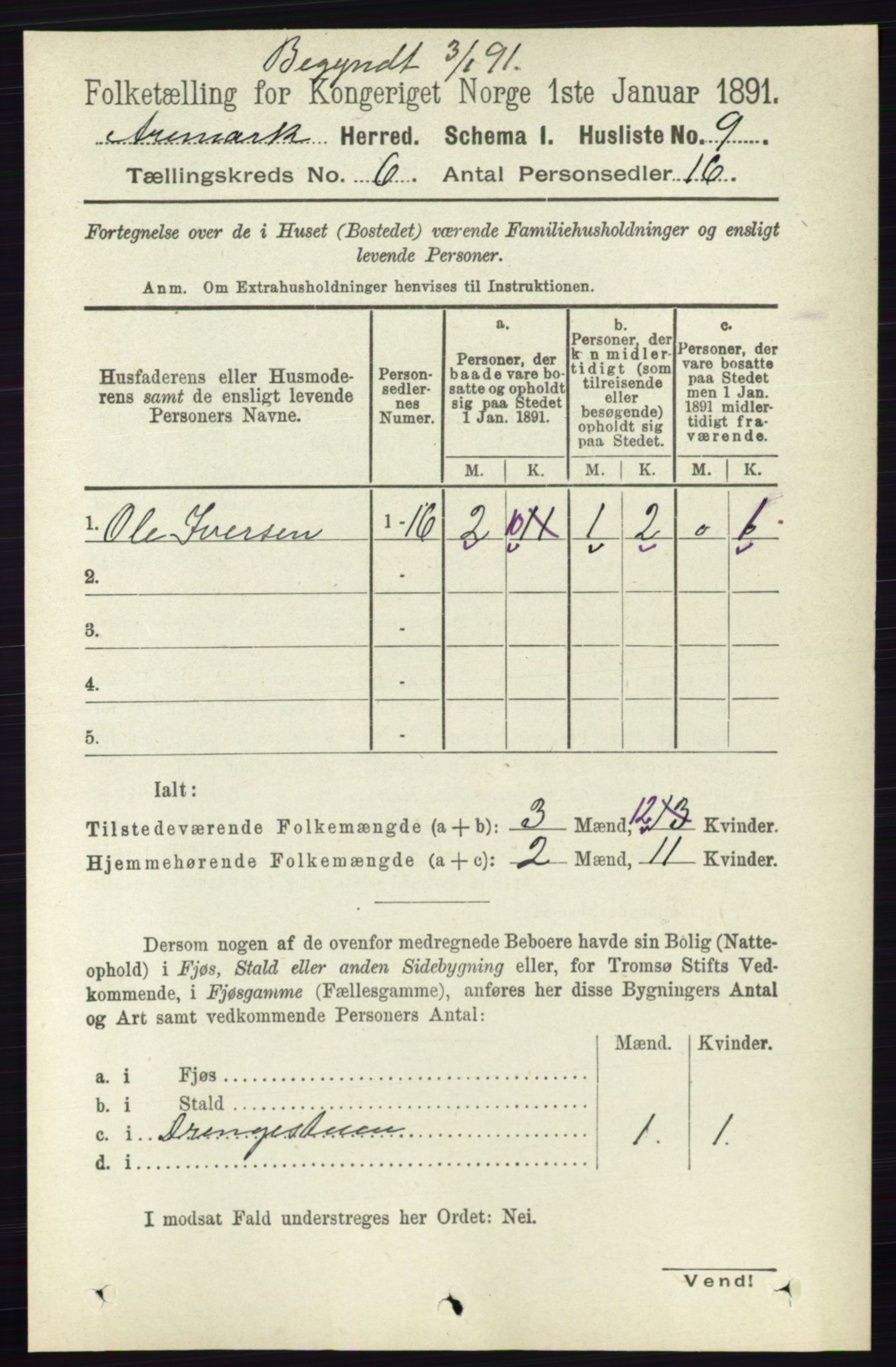 RA, 1891 census for 0118 Aremark, 1891, p. 3007