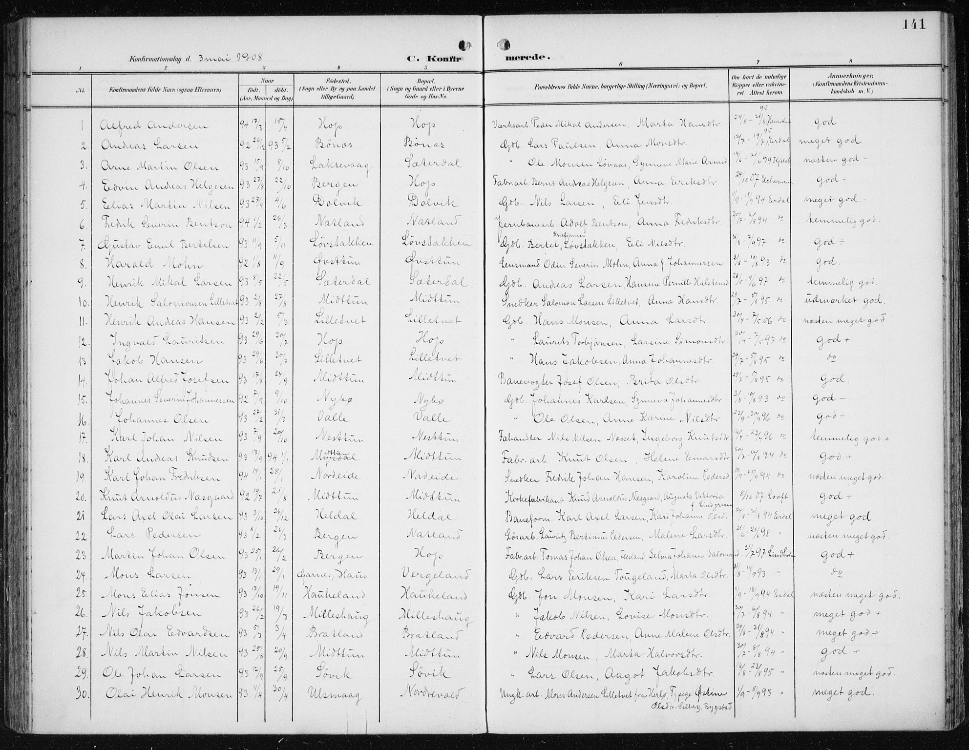 Fana Sokneprestembete, SAB/A-75101/H/Haa/Haai/L0003: Parish register (official) no. I 3, 1900-1912, p. 141