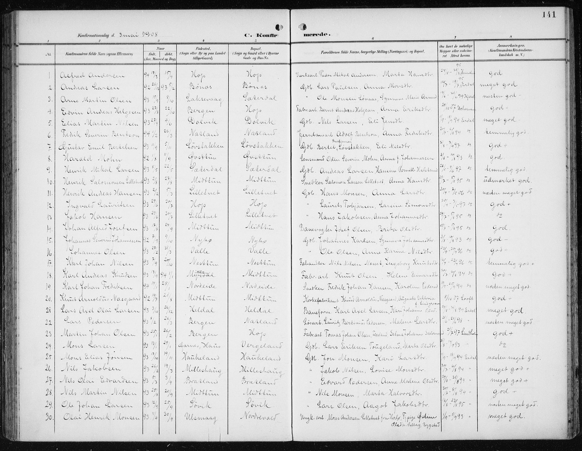 Fana Sokneprestembete, AV/SAB-A-75101/H/Haa/Haai/L0003: Parish register (official) no. I 3, 1900-1912, p. 141