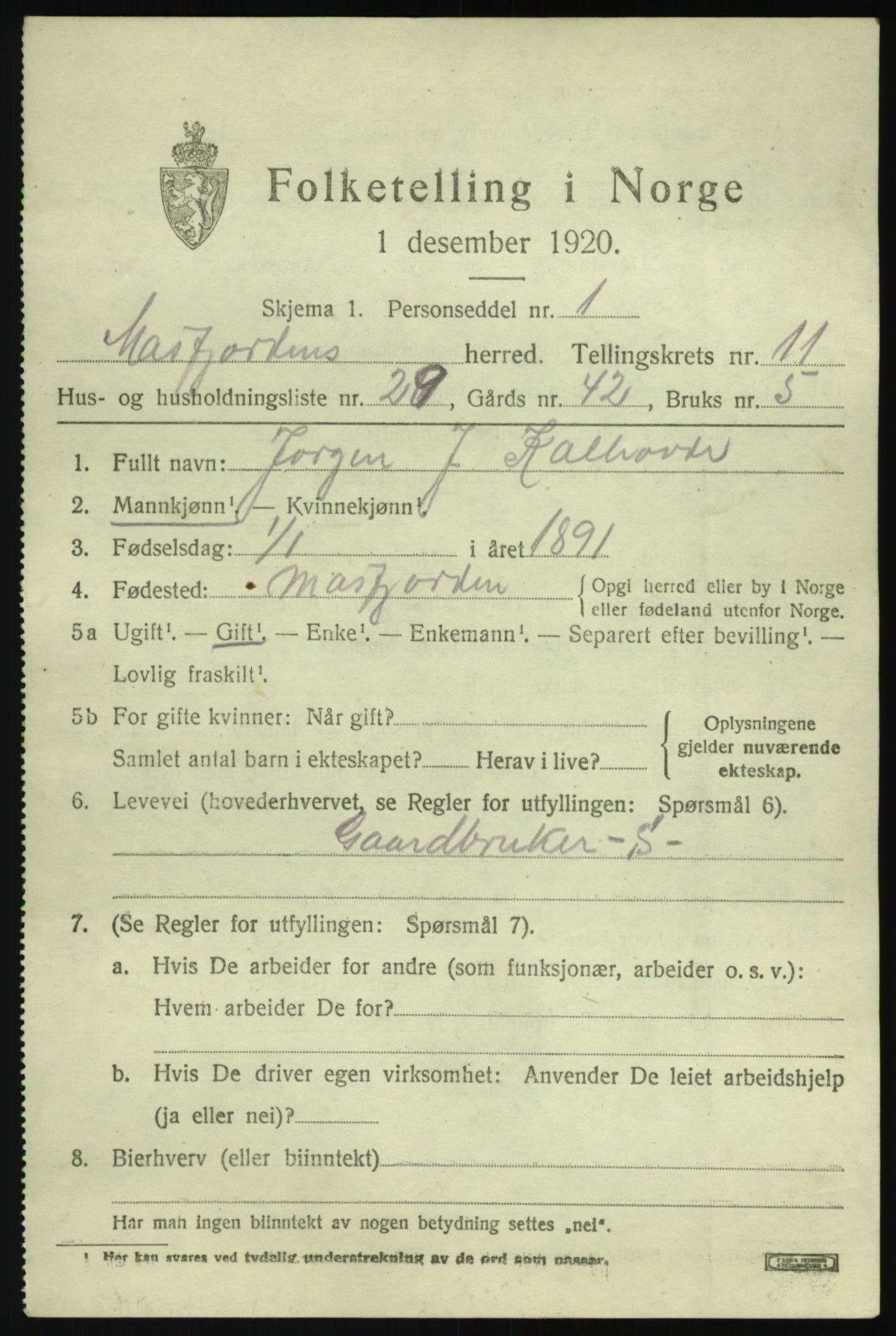 SAB, 1920 census for Masfjorden, 1920, p. 4467