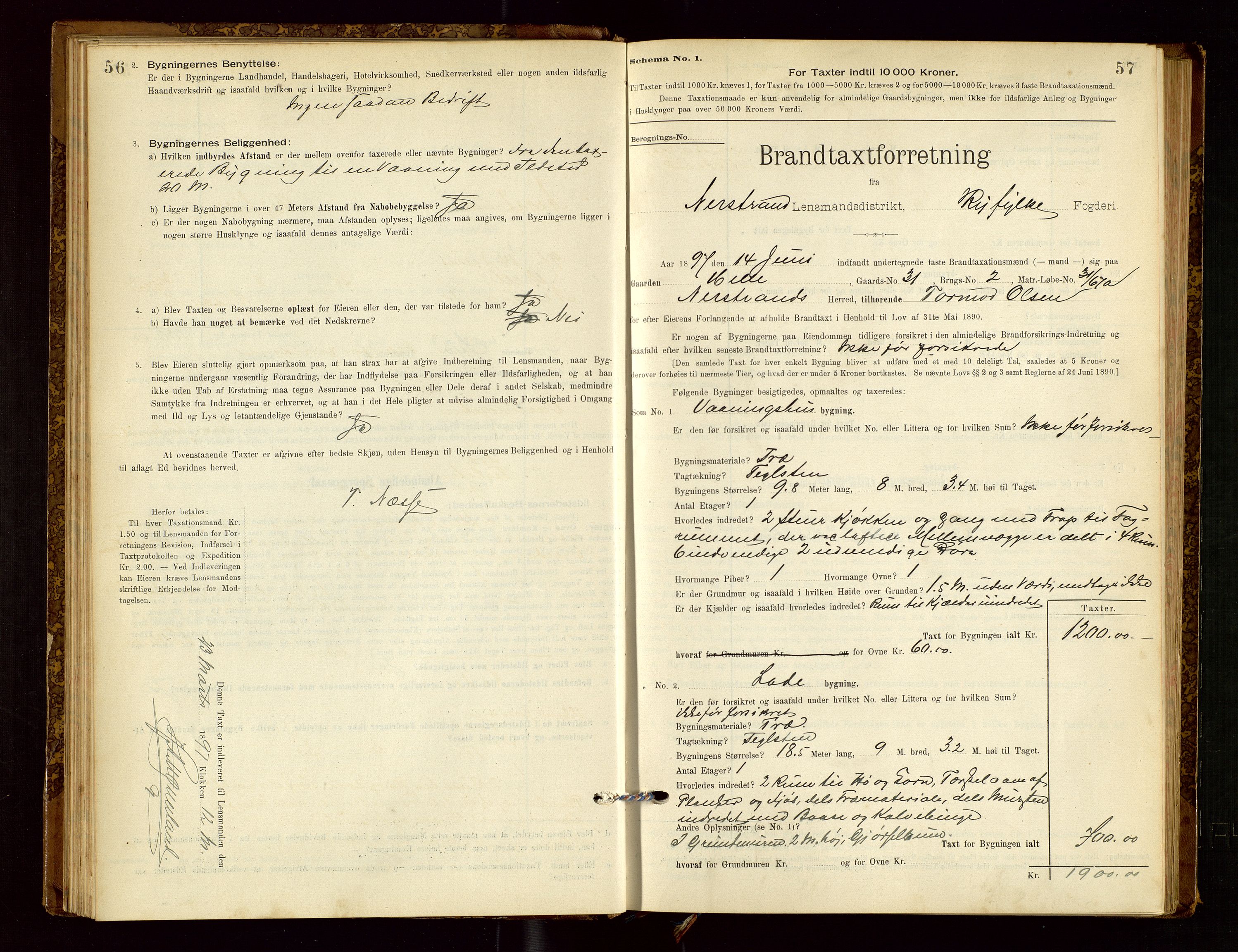 Nedstrand lensmannskontor, AV/SAST-A-100236/Gob/L0001: "Brandtaxationsprotokol for Nerstrand Lensmandsdistrikt Ryfylke fogderi", 1895-1915, p. 56-57