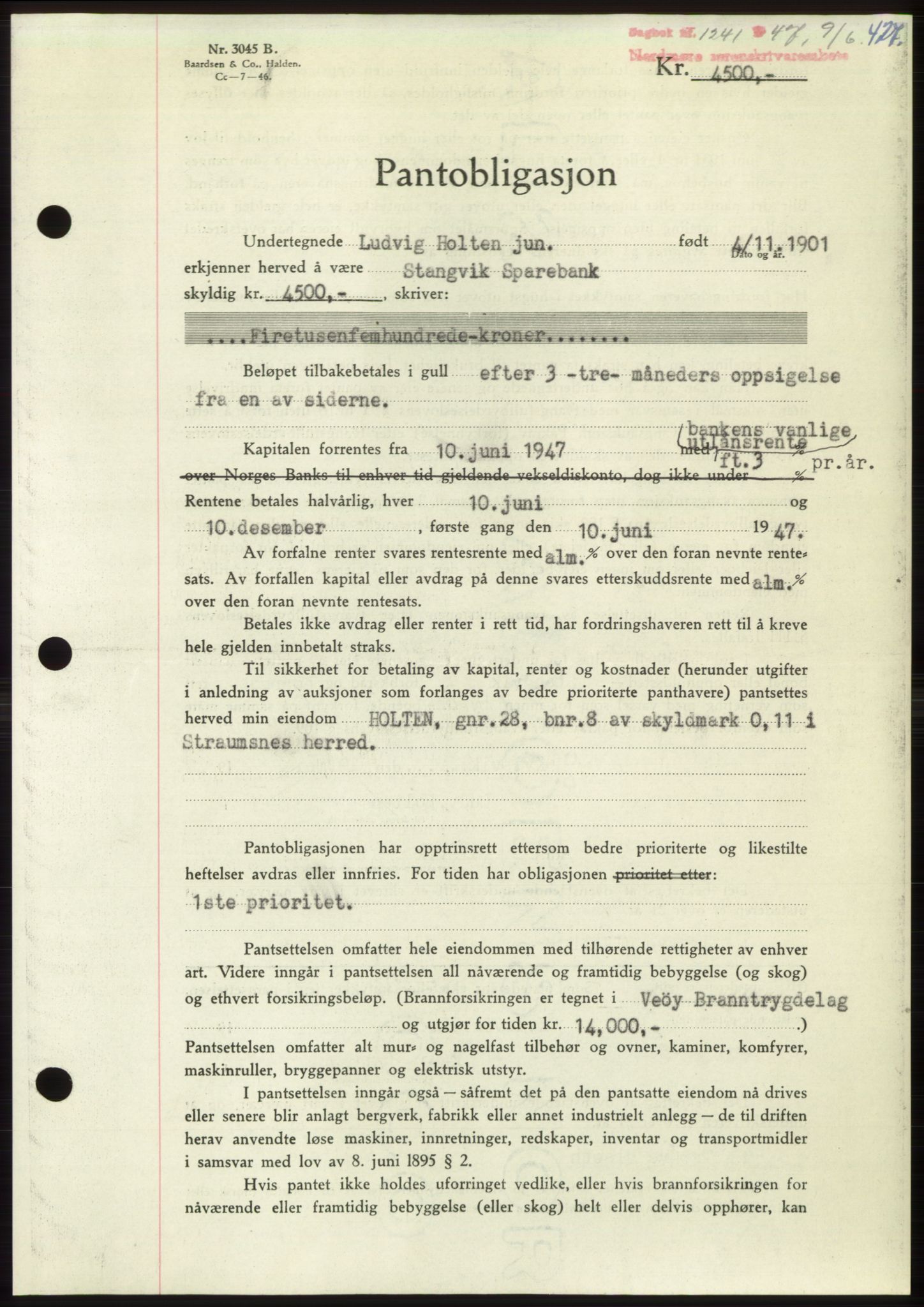 Nordmøre sorenskriveri, AV/SAT-A-4132/1/2/2Ca: Mortgage book no. B96, 1947-1947, Diary no: : 1241/1947